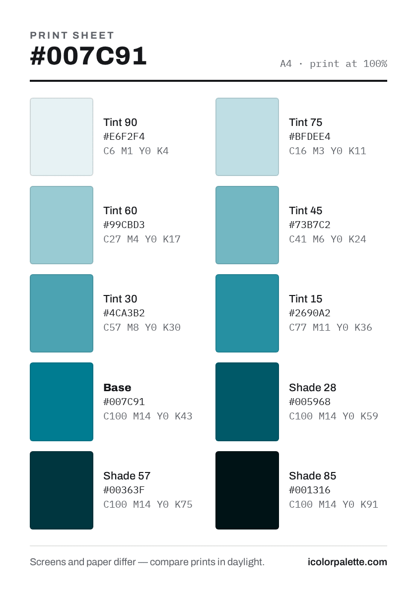007C91 Hex Code (By The Bayou Shade) — RGB, CMYK & HSL Color