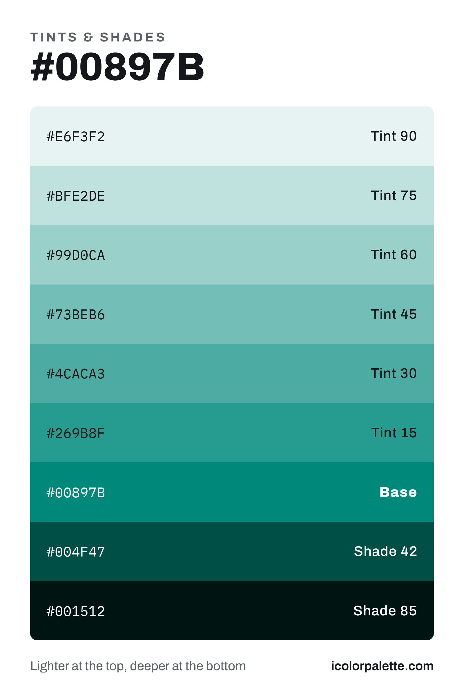 Verdant Teal Hex Code #00897B — RGB, CMYK & HSL Color Values