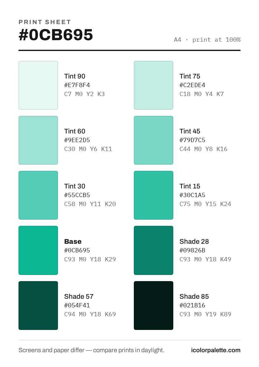 0CB695 Hex Code (Mint Leaf Shade) — RGB, CMYK & HSL Color Values