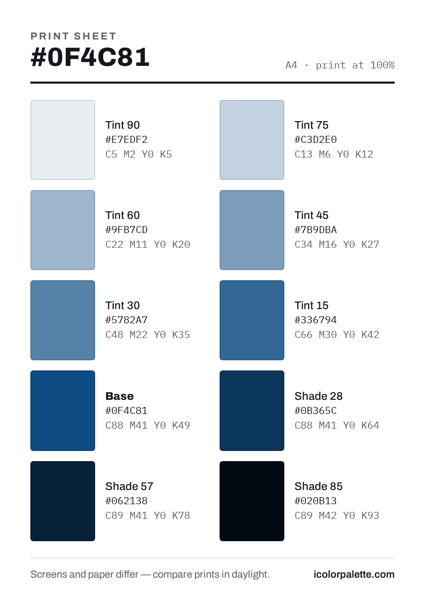 Classic Blue Hex Code #0F4C81 — RGB, CMYK & HSL Color Values