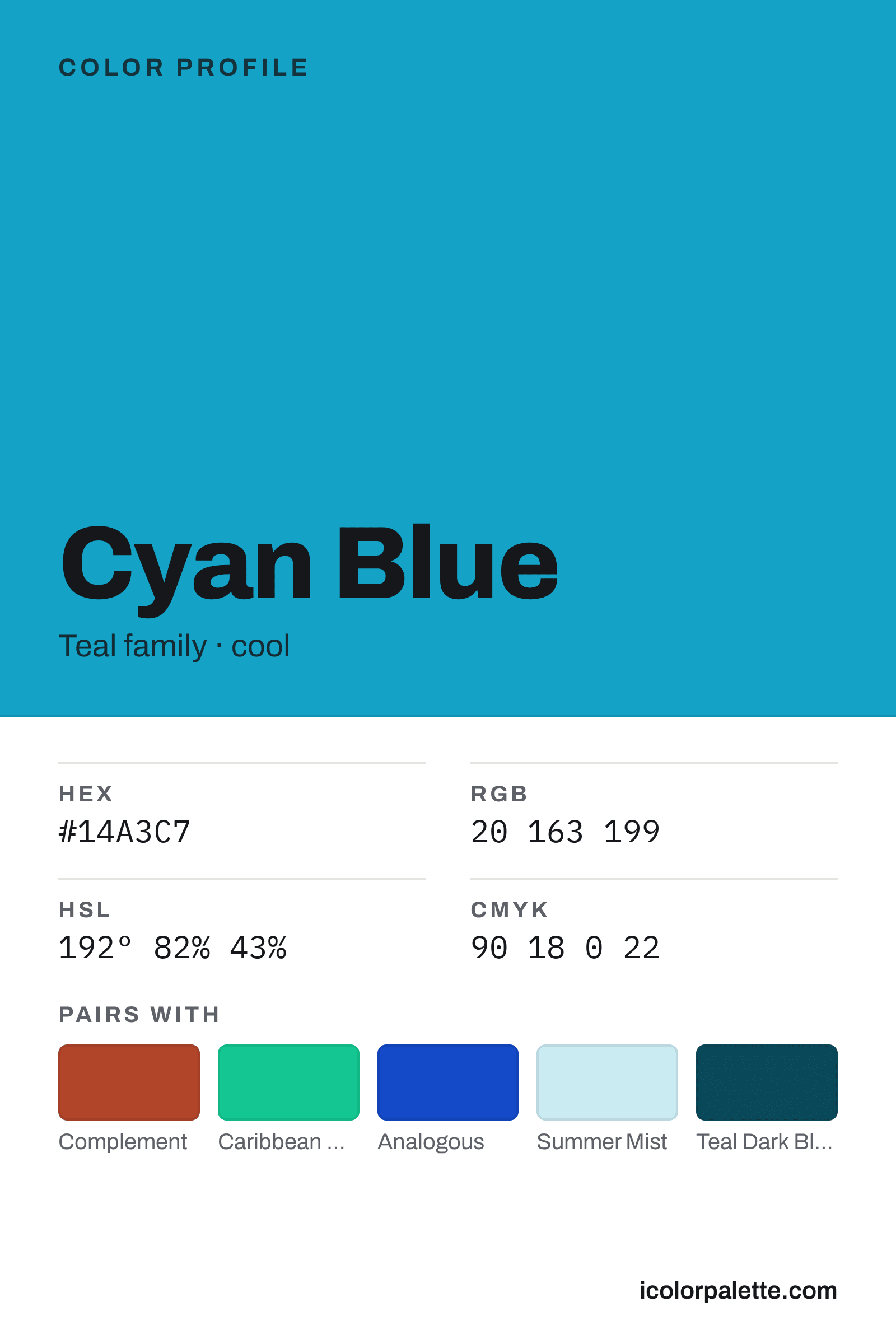 Cyan Blue Color (#14A3C7) — Hex, RGB & Palettes | iColorPalette