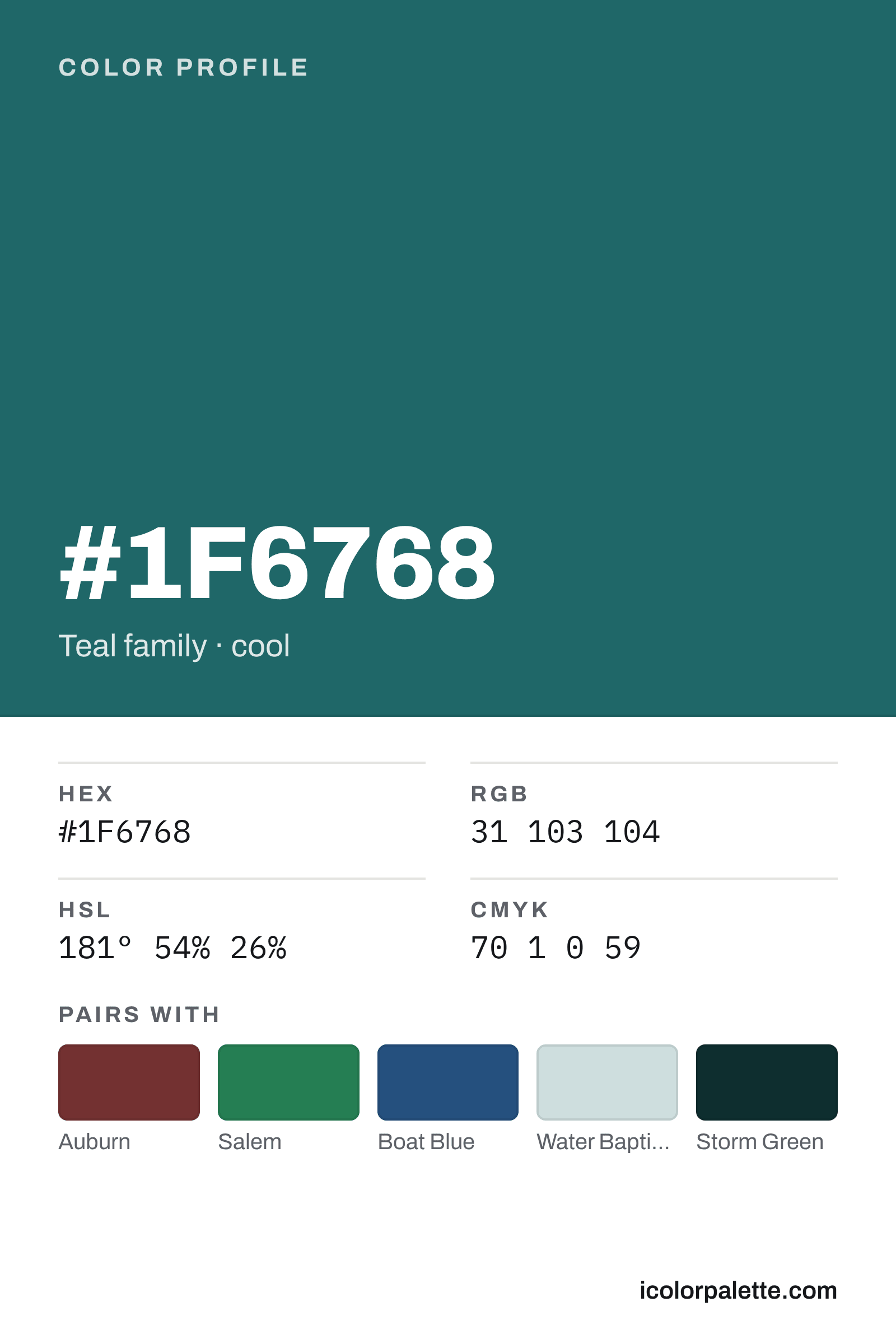 1F6768 Hex Code (Tarnished Teal Shade) — RGB, CMYK & HSL Color