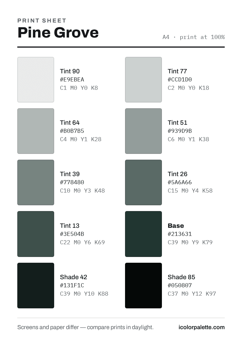 Pine Grove Color (#213631) — Hex, RGB & Palettes | iColorPalette