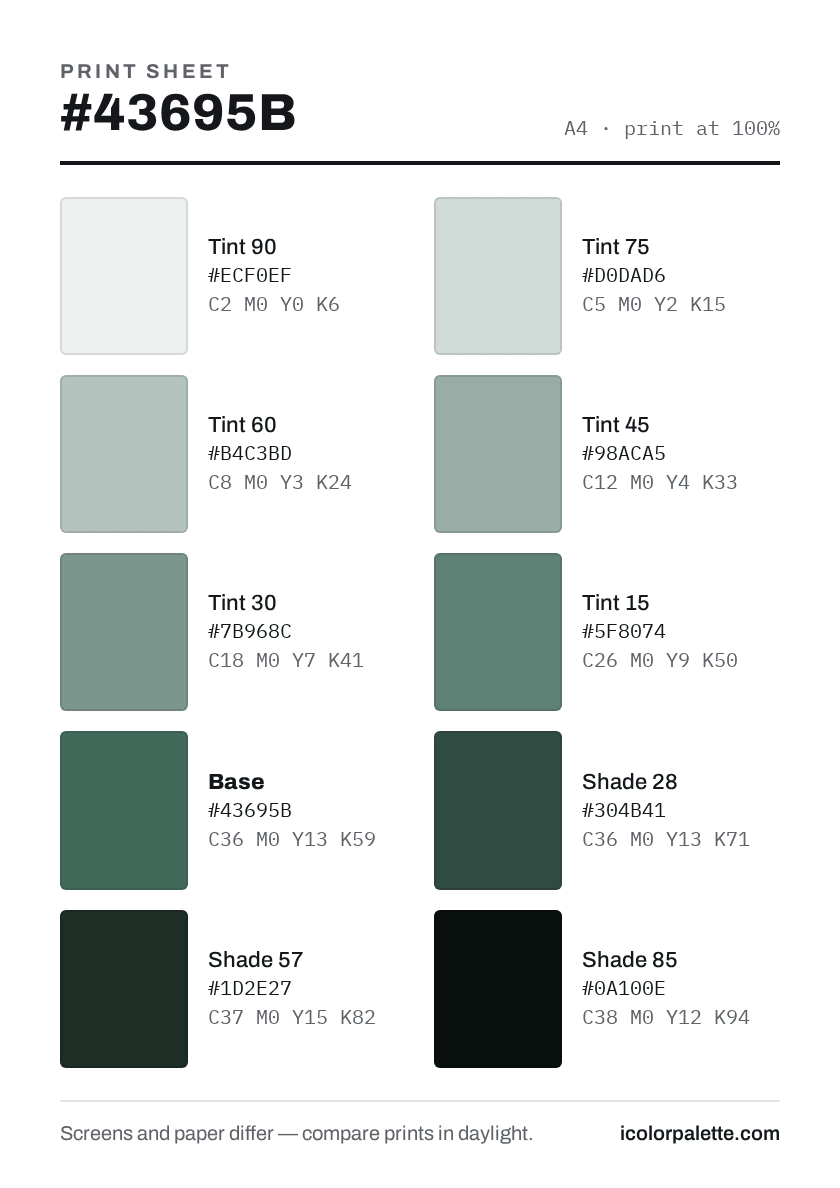 43695B Hex Code (Earhart Emerald Shade) — RGB, CMYK & HSL Color