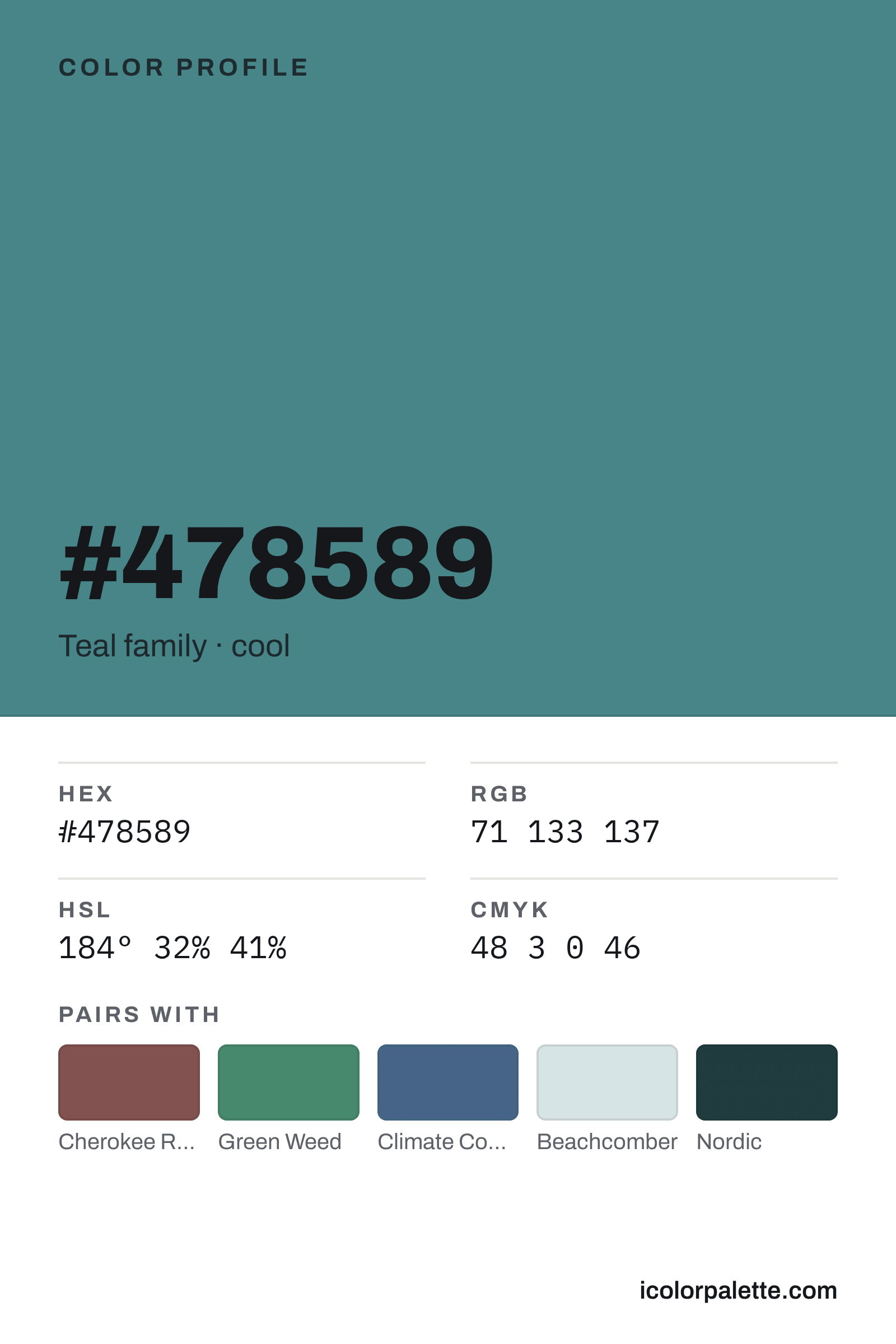 478589 Hex Code (Sea Caller Shade) — RGB, CMYK & HSL Color Values