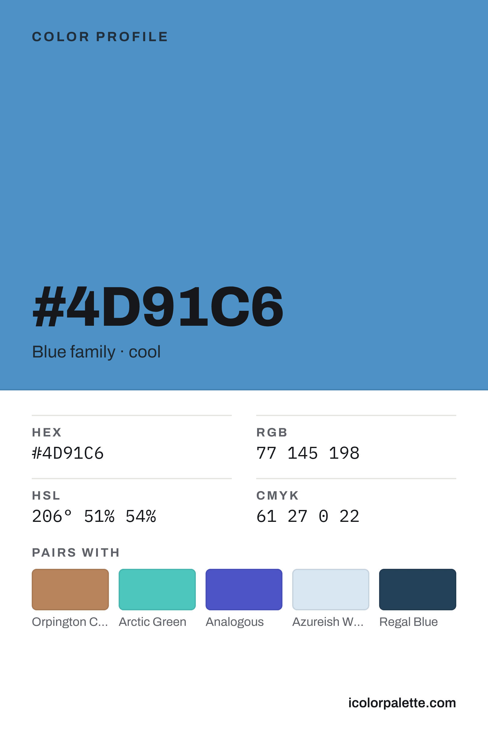 ココブルー Azure Blue Hex Code #4D91C6 — RGB, CMYK & HSL Color Values
