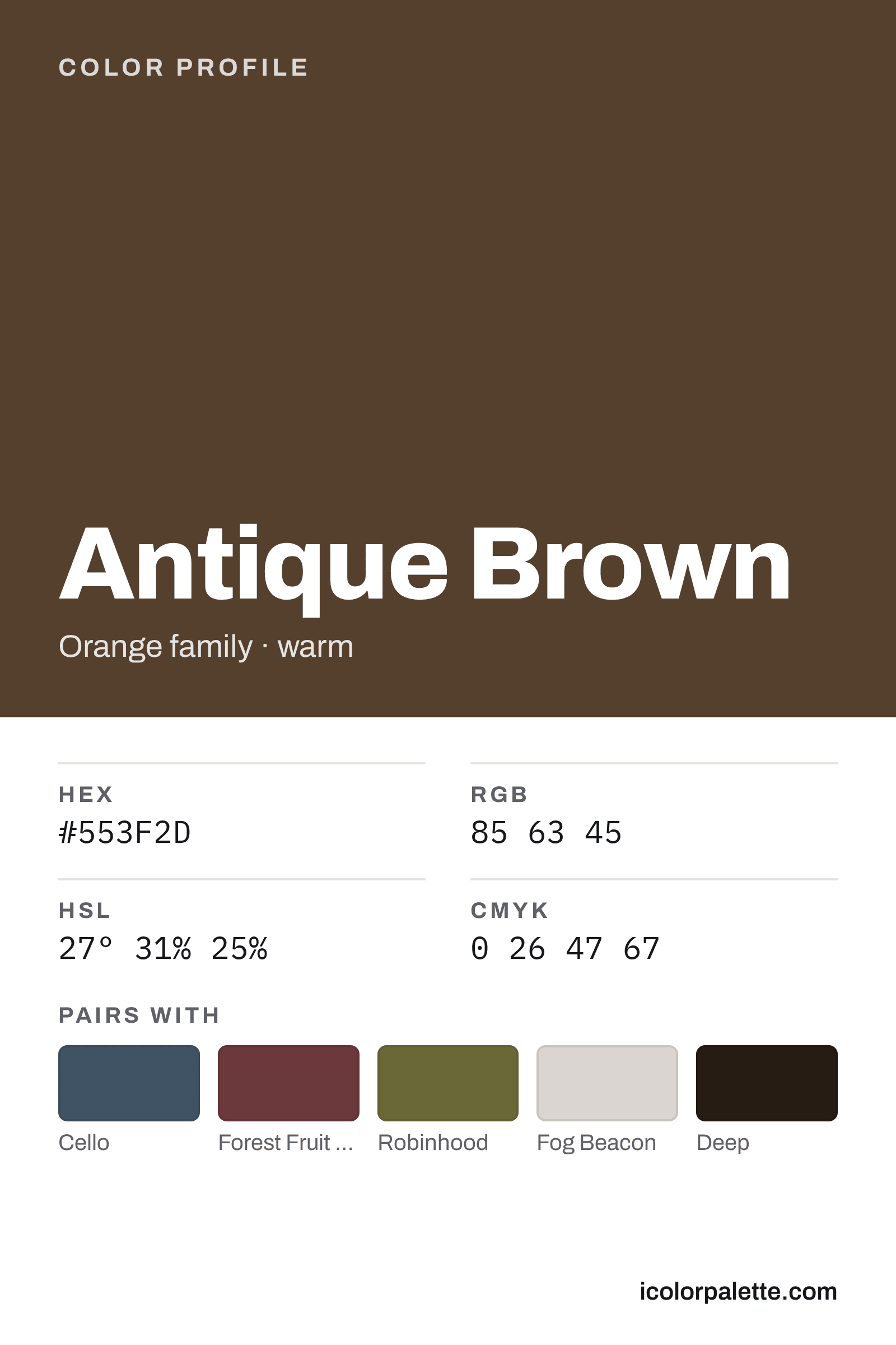 Antique Brown Color (#553F2D) — Hex, RGB & Palettes | iColorPalette