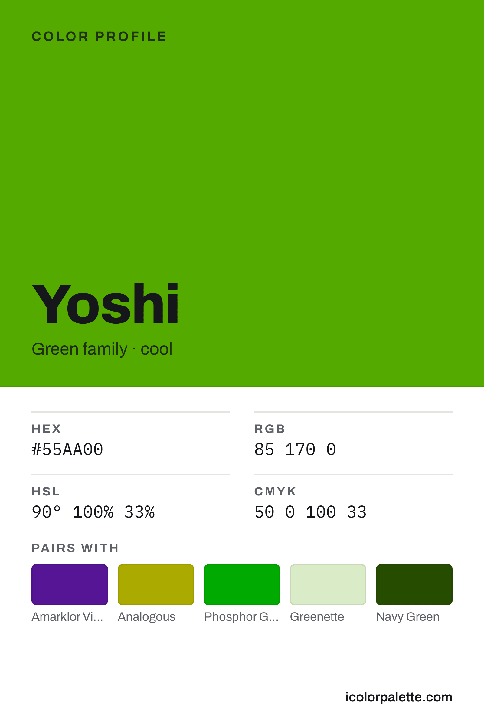 Yoshi Color (#55AA00) — Hex, RGB & Palettes | iColorPalette