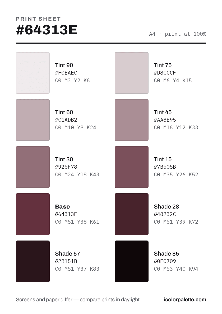 64313E Hex Code (Damson Pulp Shade) — RGB, CMYK & HSL Color Values