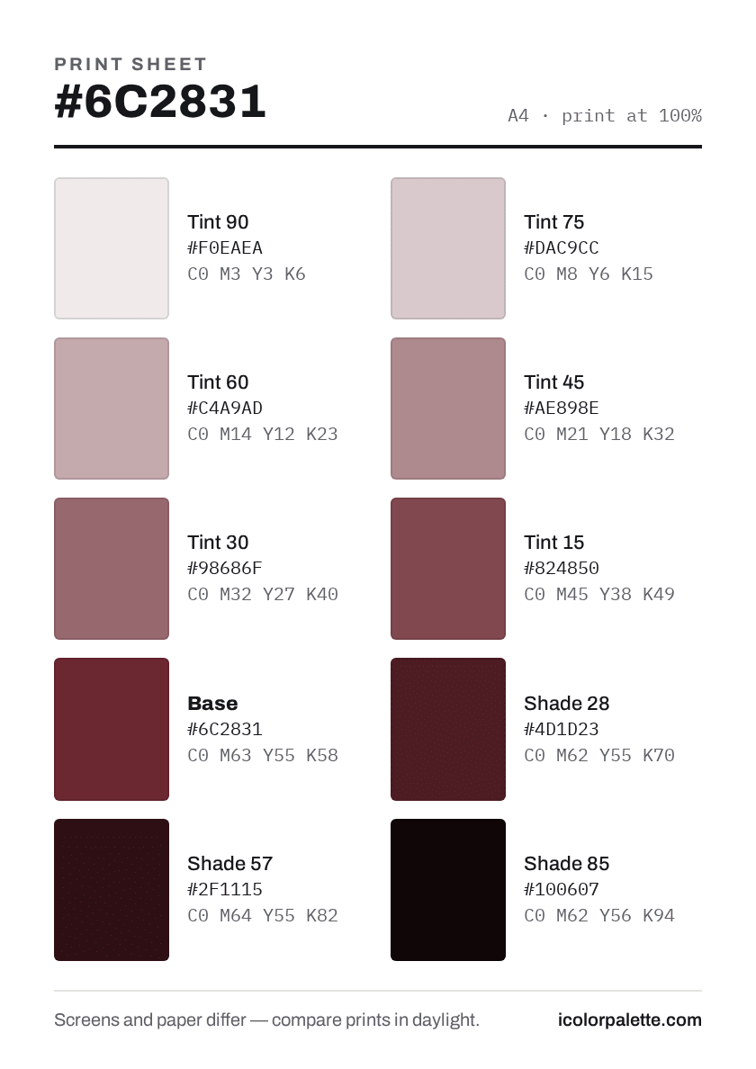 6C2831 Hex Code (Crystal Dark Red Shade) — RGB, CMYK & HSL Color