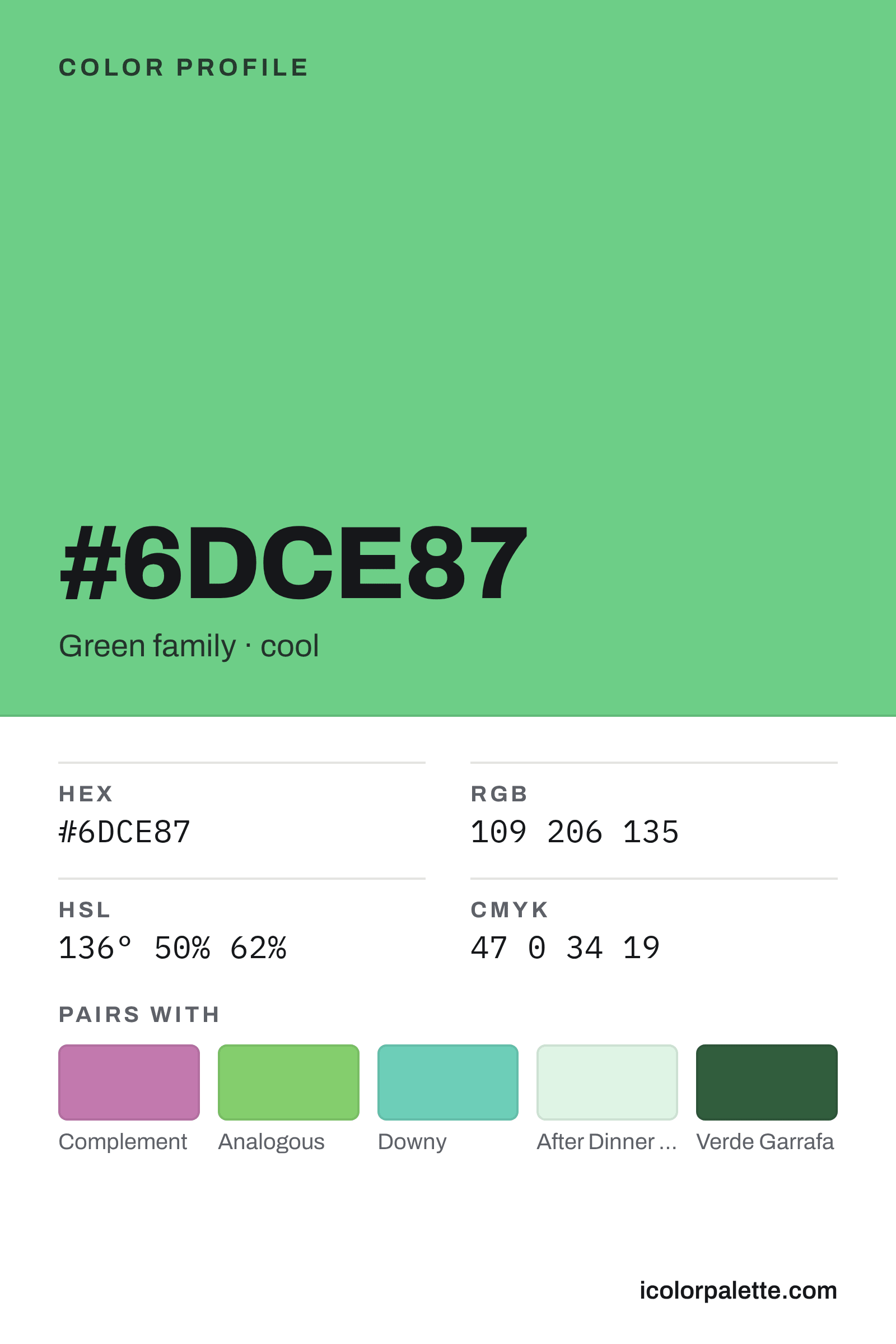 Spring Bouquet Hex Code #6DCE87 — RGB, CMYK & HSL Color Values