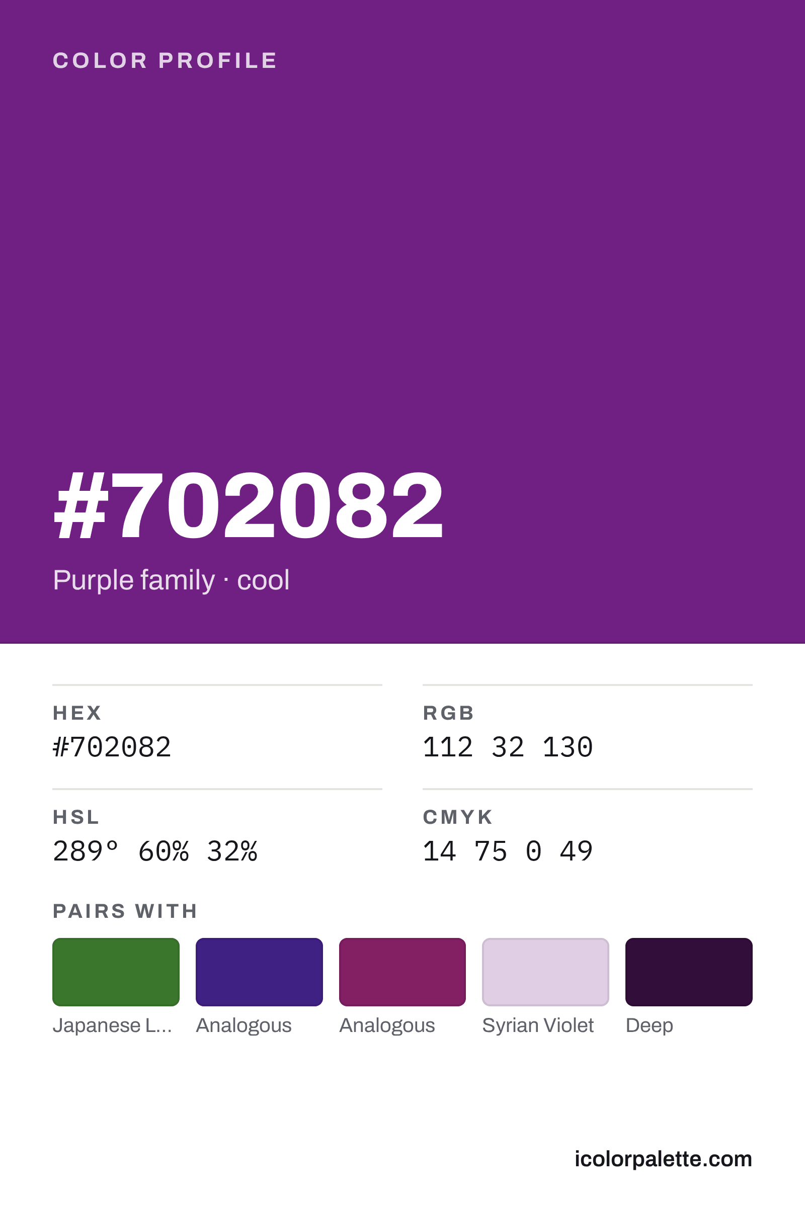 702082 Hex Code (Deep Daitoku Purple Shade) — RGB, CMYK & HSL