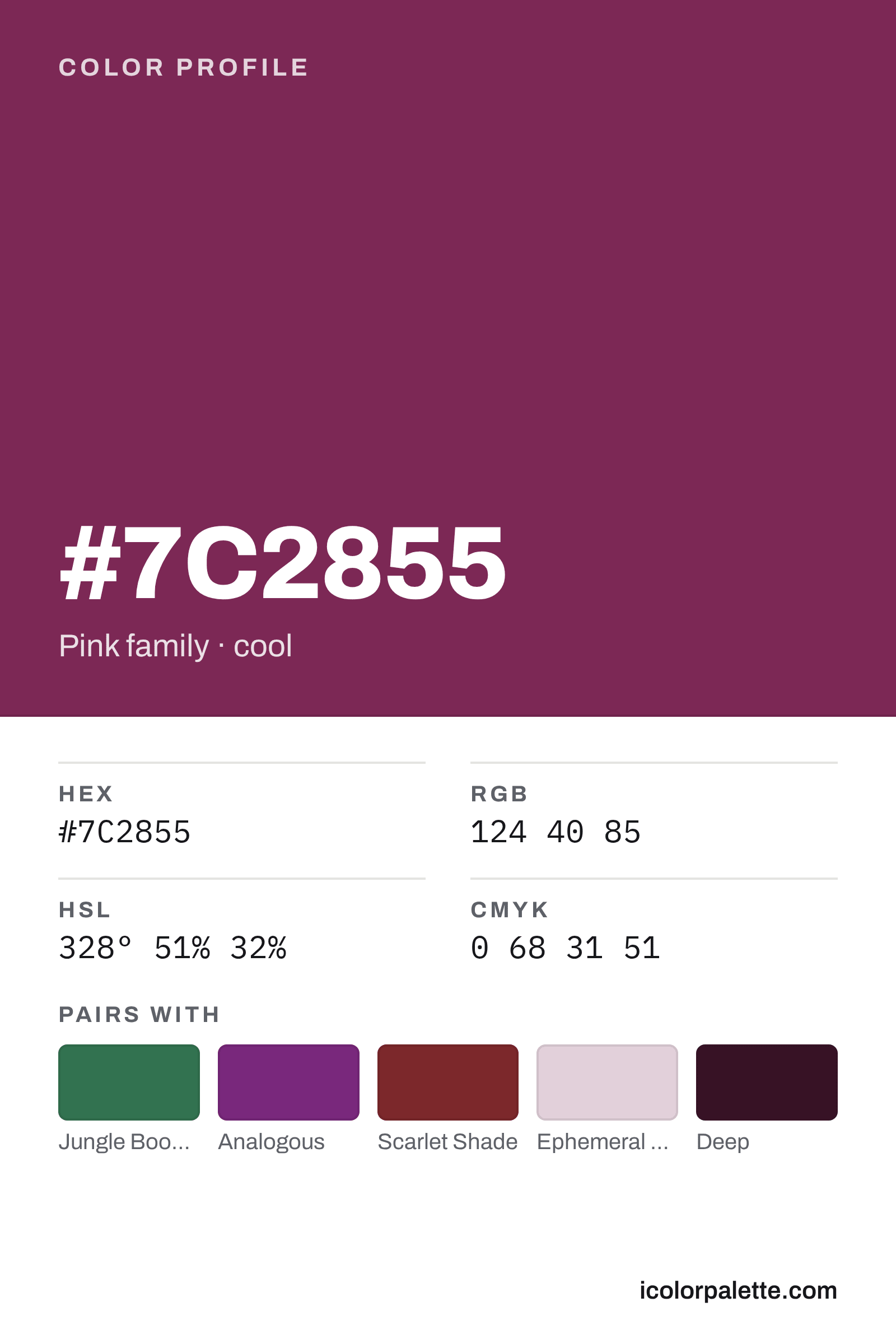 7C2855 Hex Code (Pico Eggplant Shade) — RGB, CMYK & HSL Color