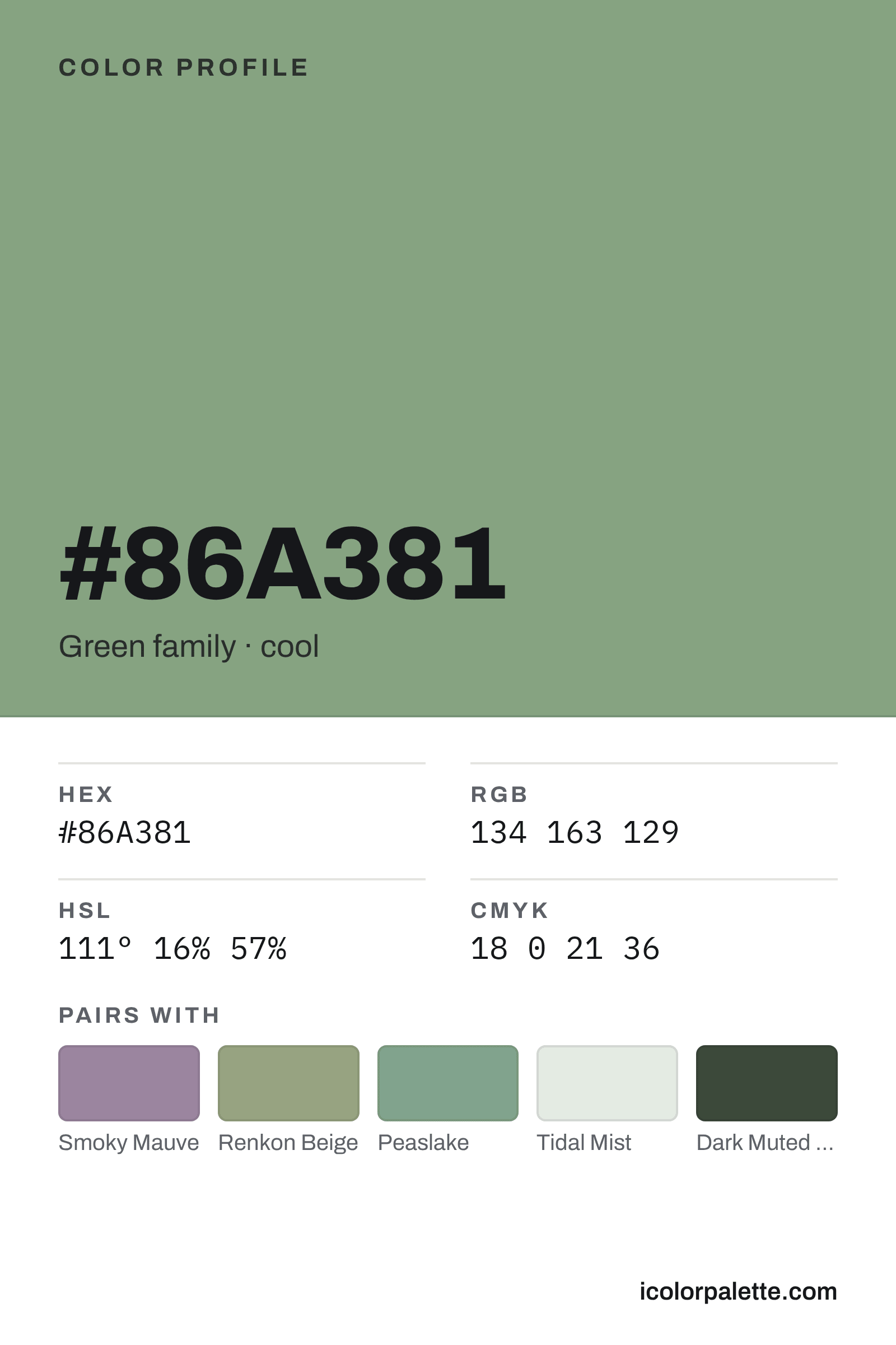 86A381 Hex Code (Grey Green Shade) — RGB, CMYK & HSL Color Values