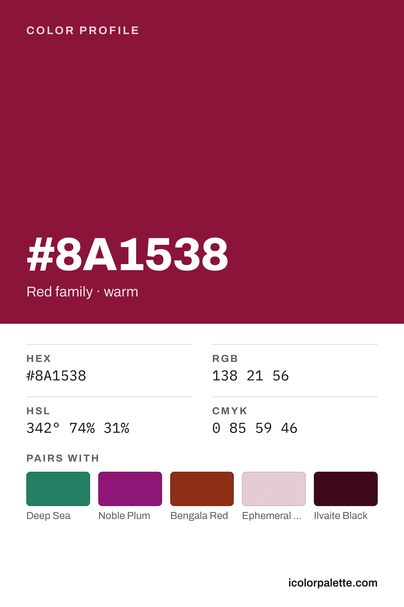 PANTONE THE PLUS SERIES 色見本ガイド 8A1538 Hex Code (Royal Claret Shade) — RGB, CMYK & HSL Color