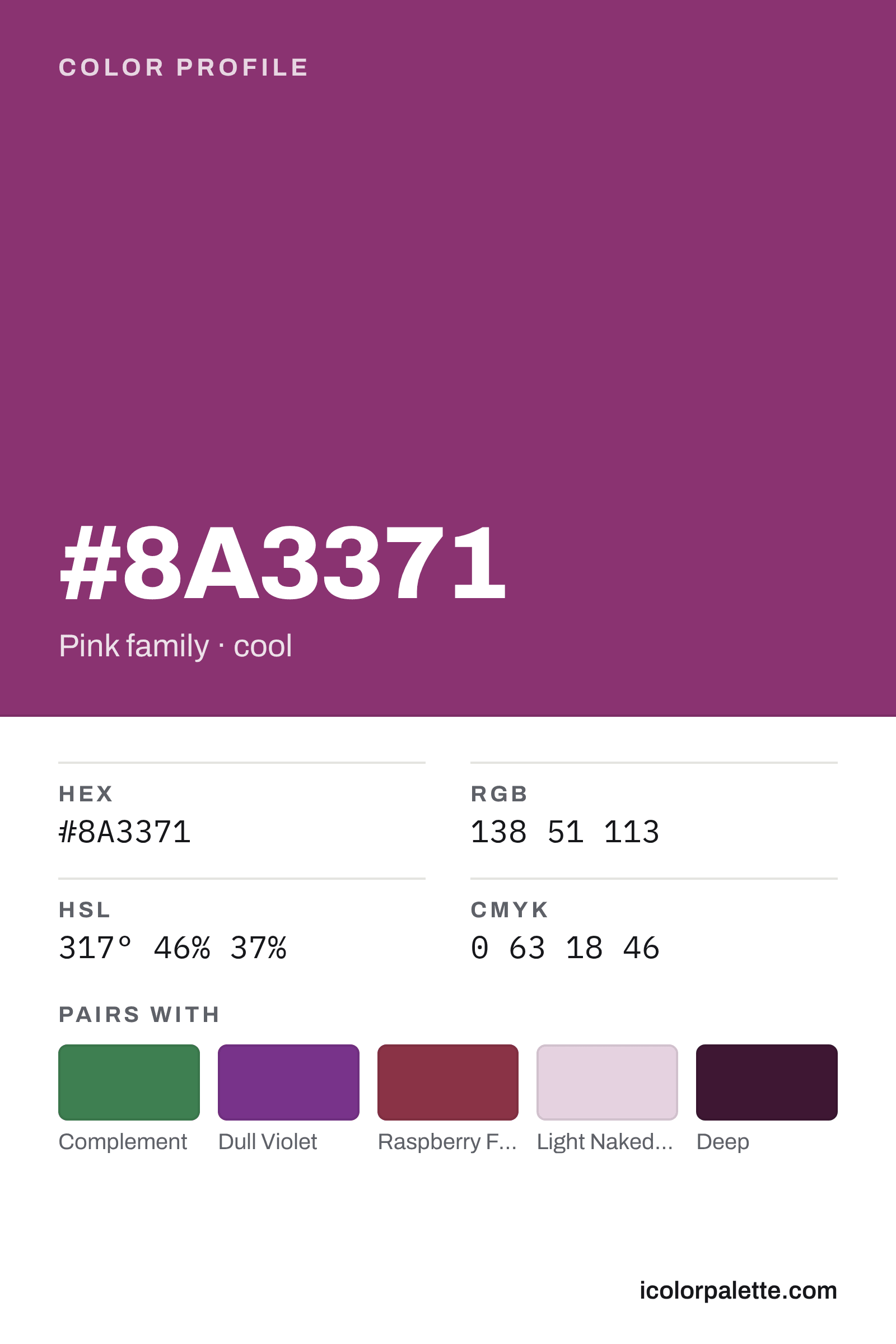 8A3371 Hex Code (Purple Wine Shade) — RGB, CMYK & HSL Color Values