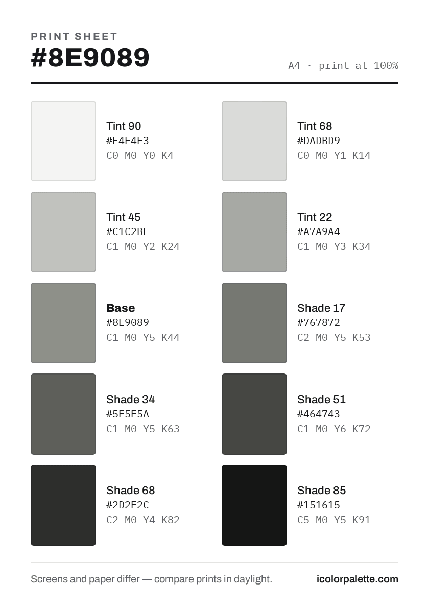 PANTONE 色見本 セット 8E9089 Hex Code (Hazy Olive Shade) — RGB, CMYK & HSL Color Values