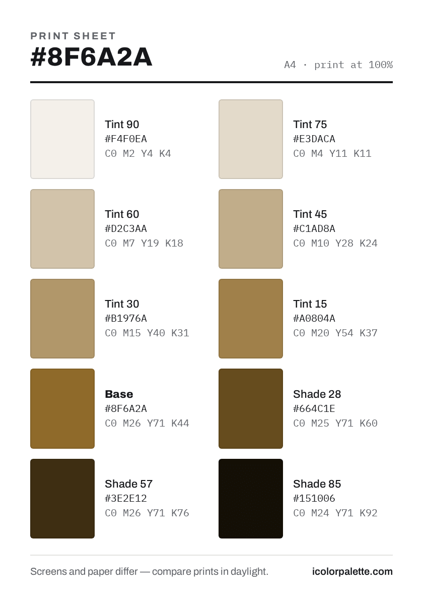 8F6A2A Hex Code (Dirt Yellow Shade) — RGB, CMYK & HSL Color Values
