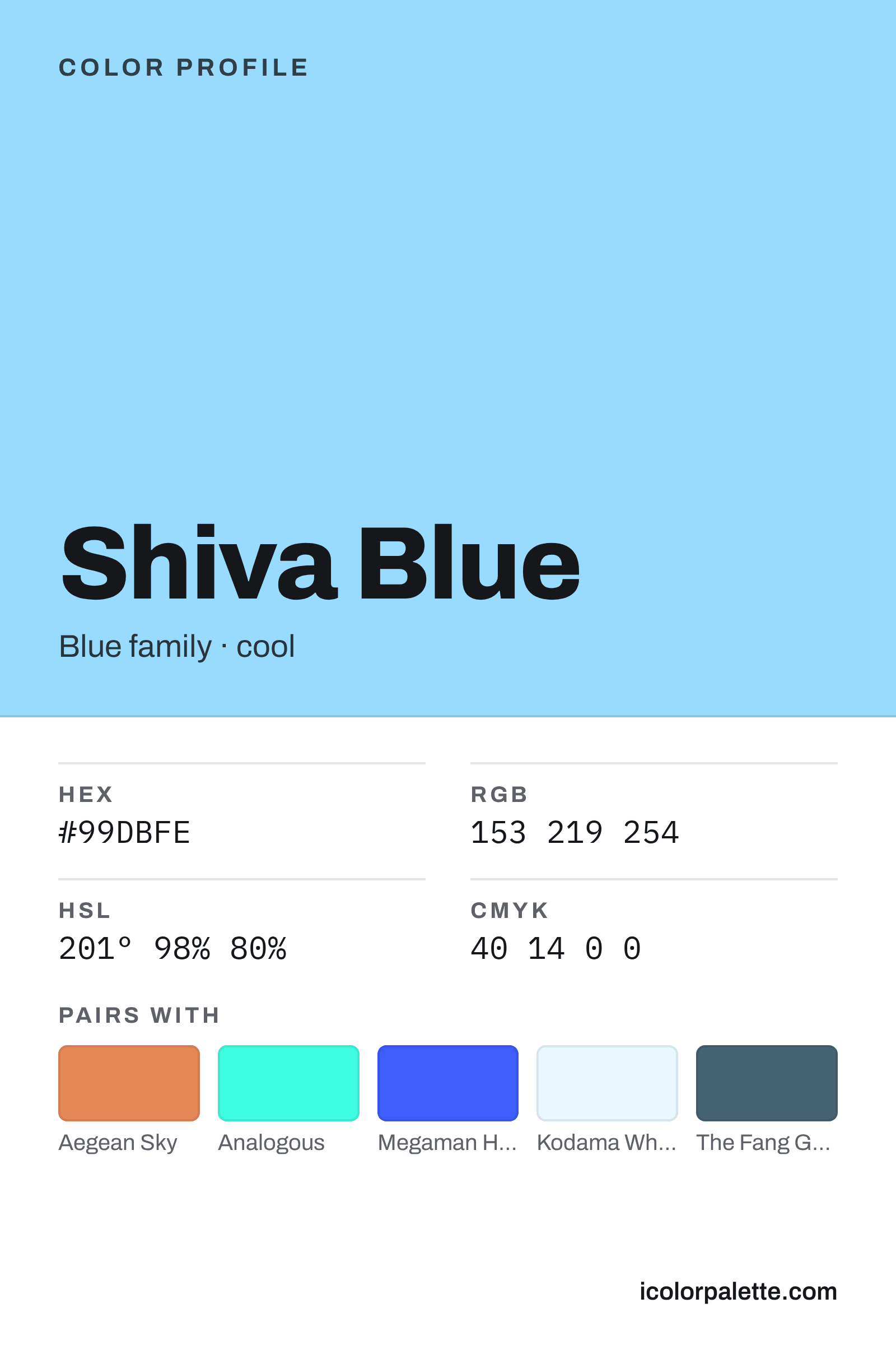 Shiva Blue Color (#99DBFE) — Hex, RGB & Palettes | iColorPalette