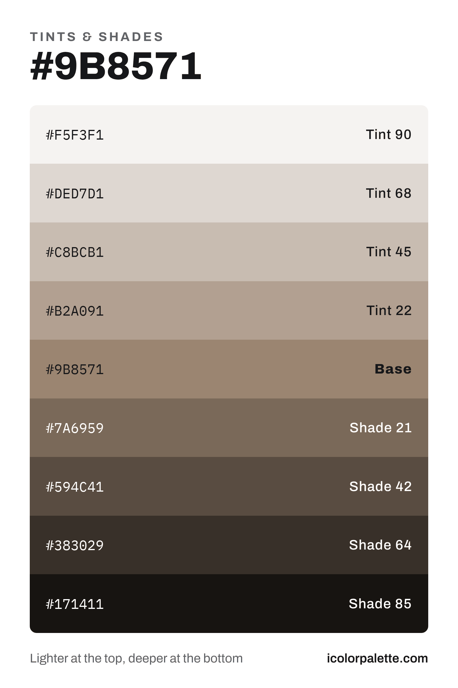 9B8571 Hex Code (Sturdy Brown Shade) — RGB, CMYK & HSL Color
