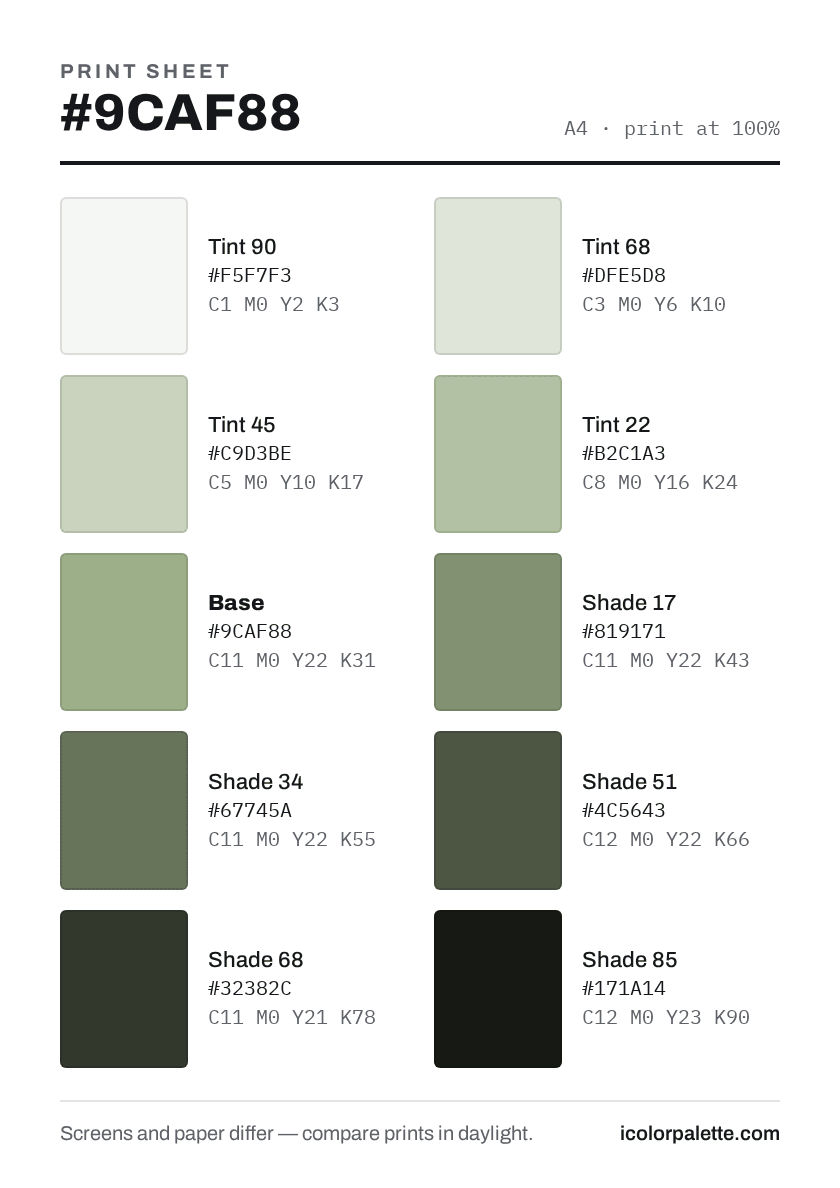 Pale Olive Color (#9CAF88) — Hex, RGB & Palettes | iColorPalette