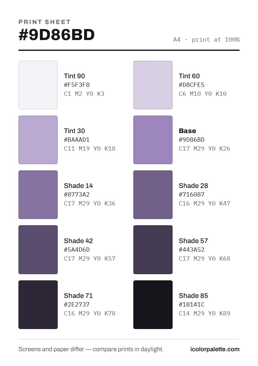 9D86BD Hex Code (Petrified Purple Shade) — RGB, CMYK & HSL Color