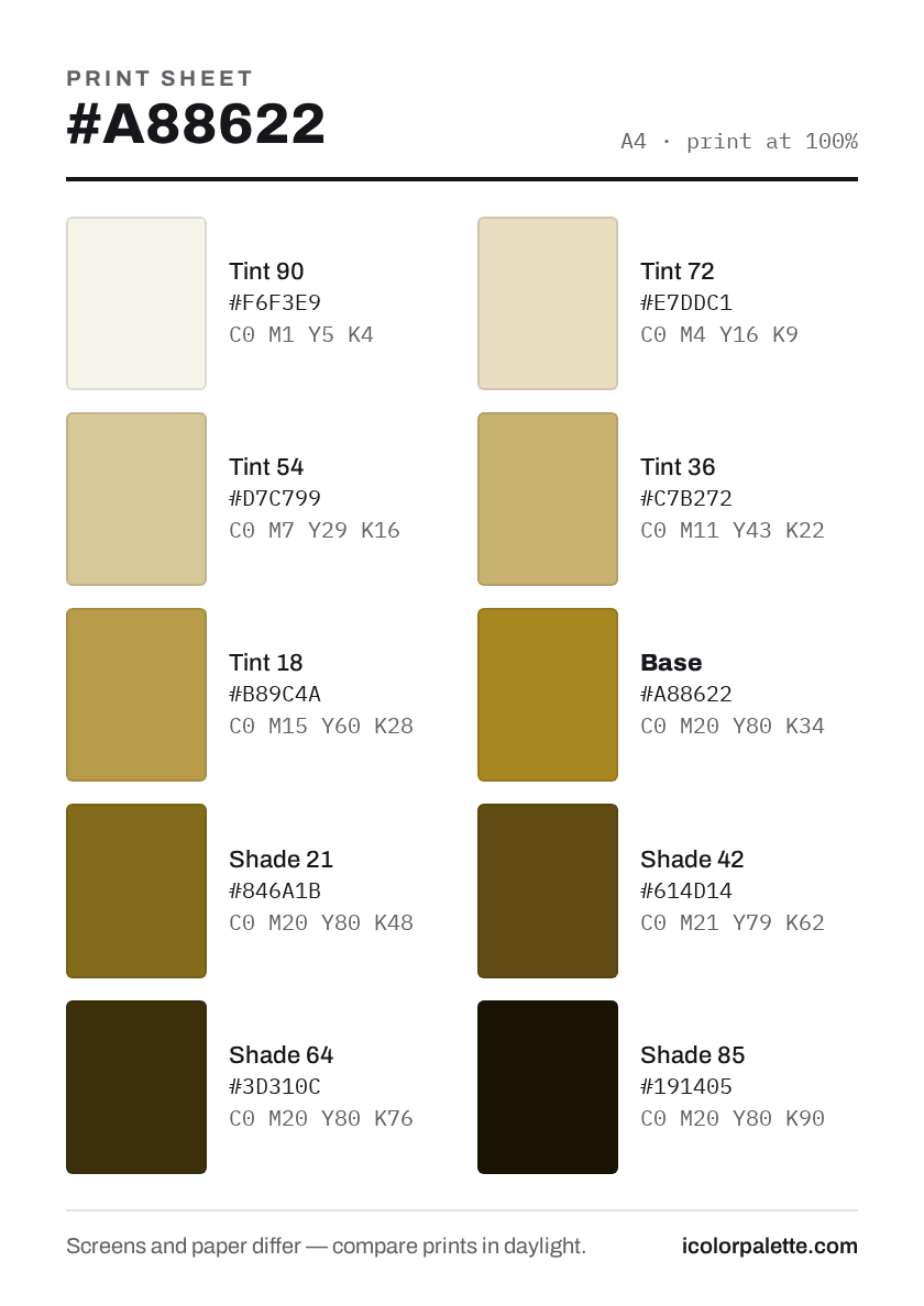 A88622 Hex Code (Super Gold Shade) — RGB, CMYK & HSL Color Values