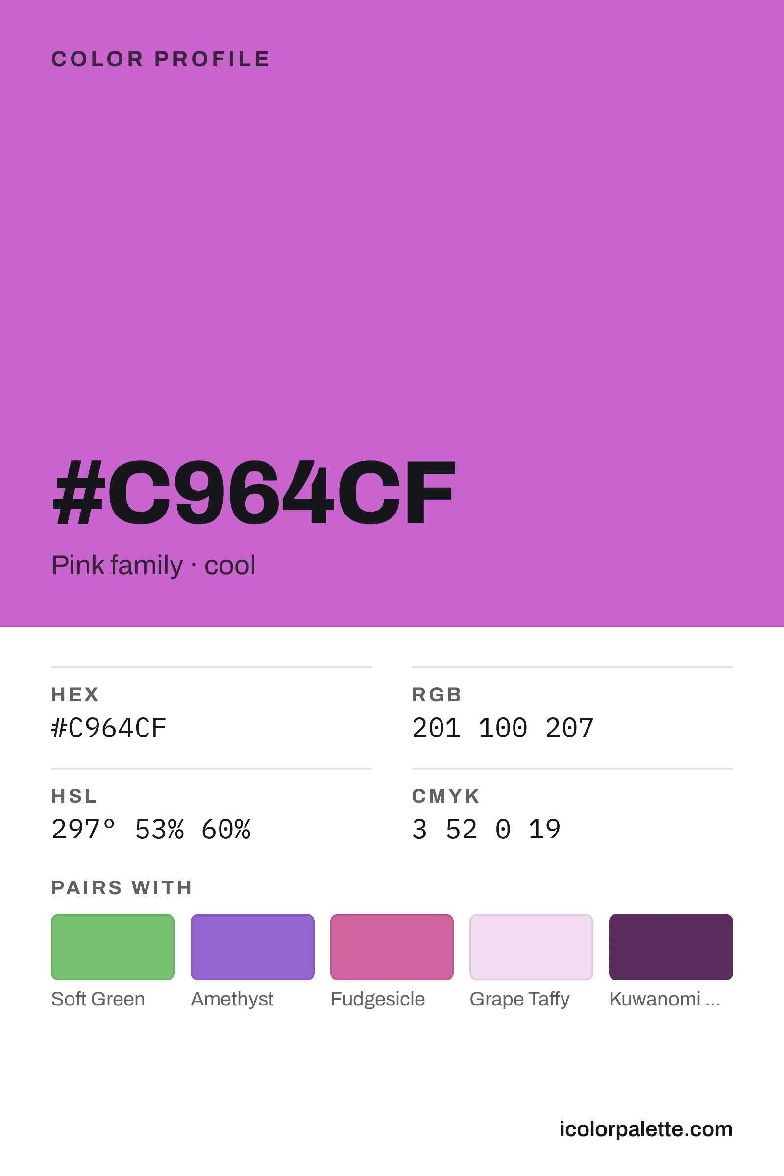 C964CF Hex Code (Fuchsia Tint Shade) — RGB, CMYK & HSL Color