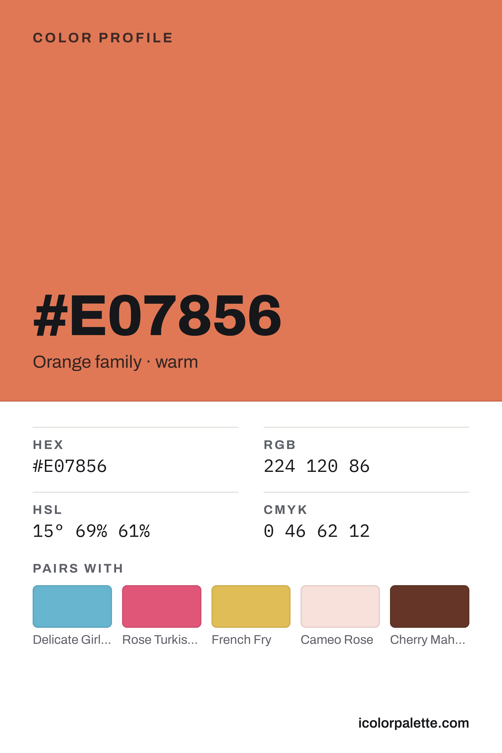 E07856 Hex Code (Potash Shade) — RGB, CMYK & HSL Color Values