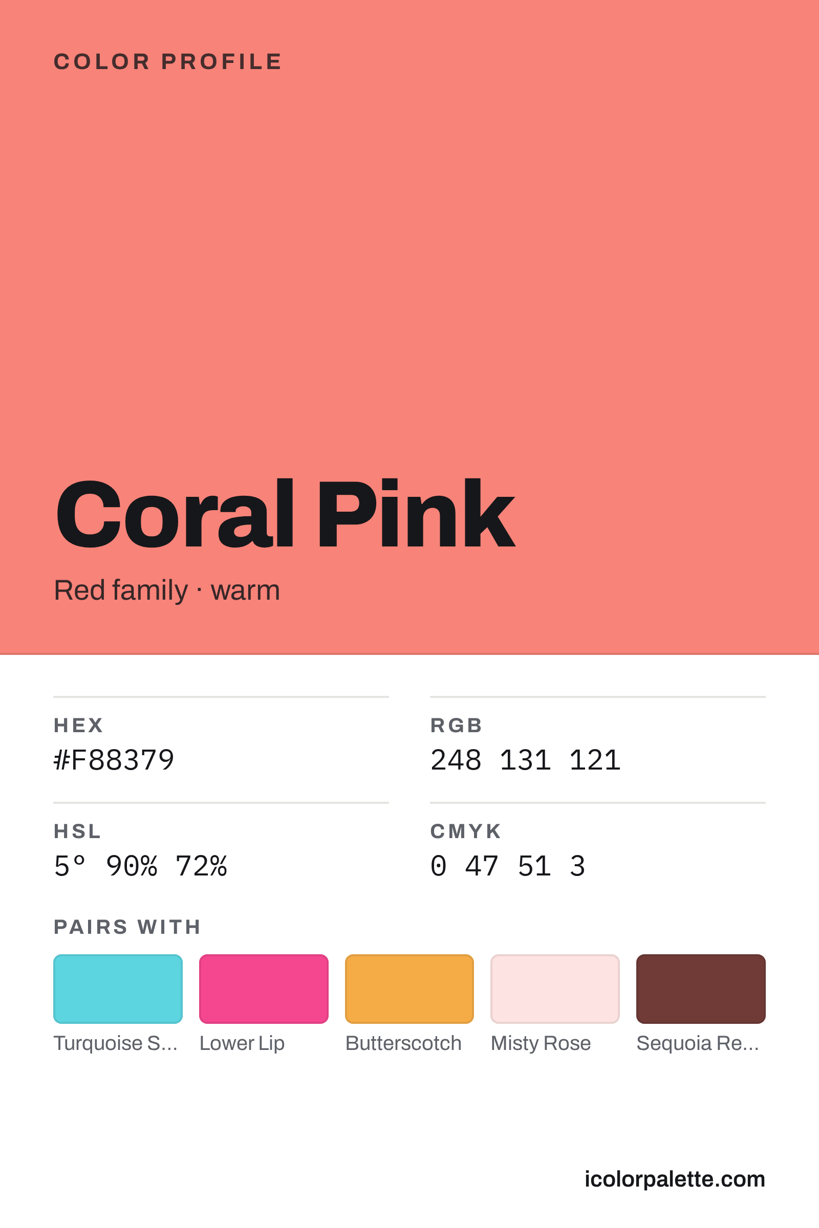 Coral Pink Color (#F88379) — Hex, RGB & Palettes | iColorPalette