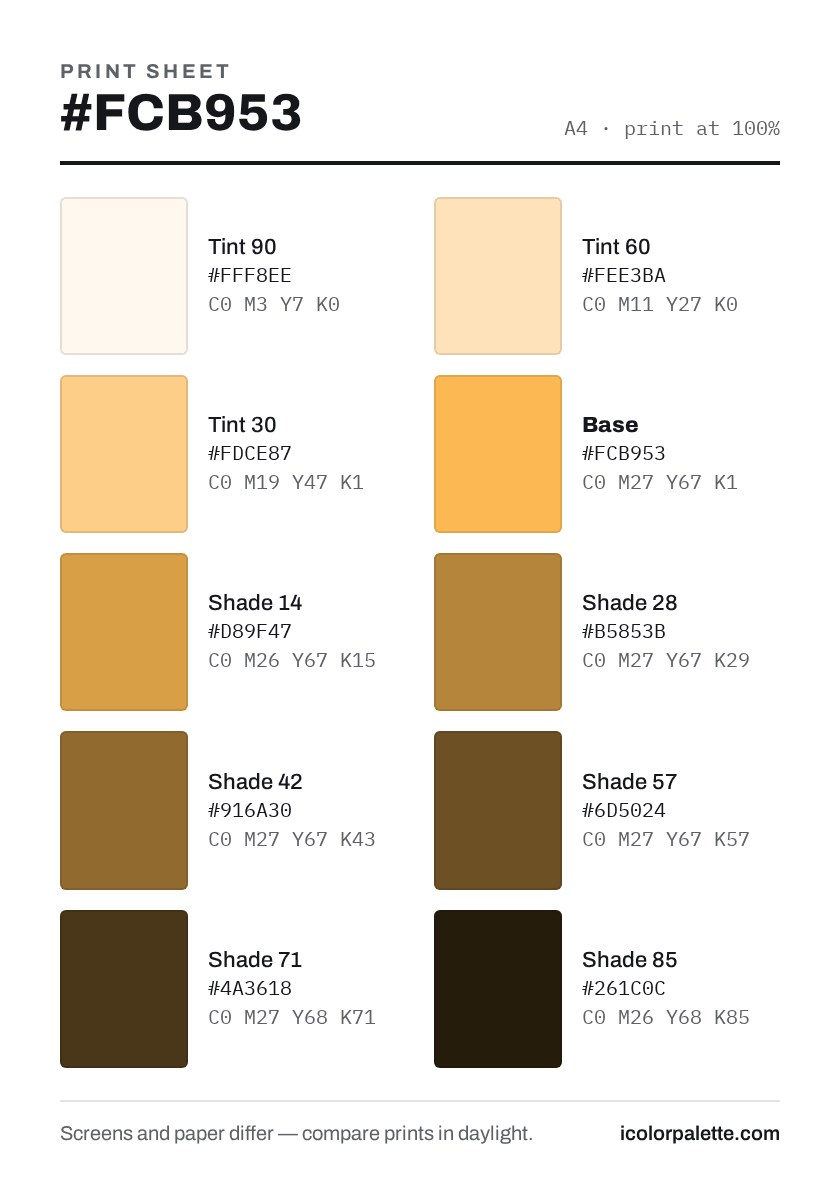 FCB953 Hex Code (Honey Crusted Chicken Shade) — RGB, CMYK & HSL