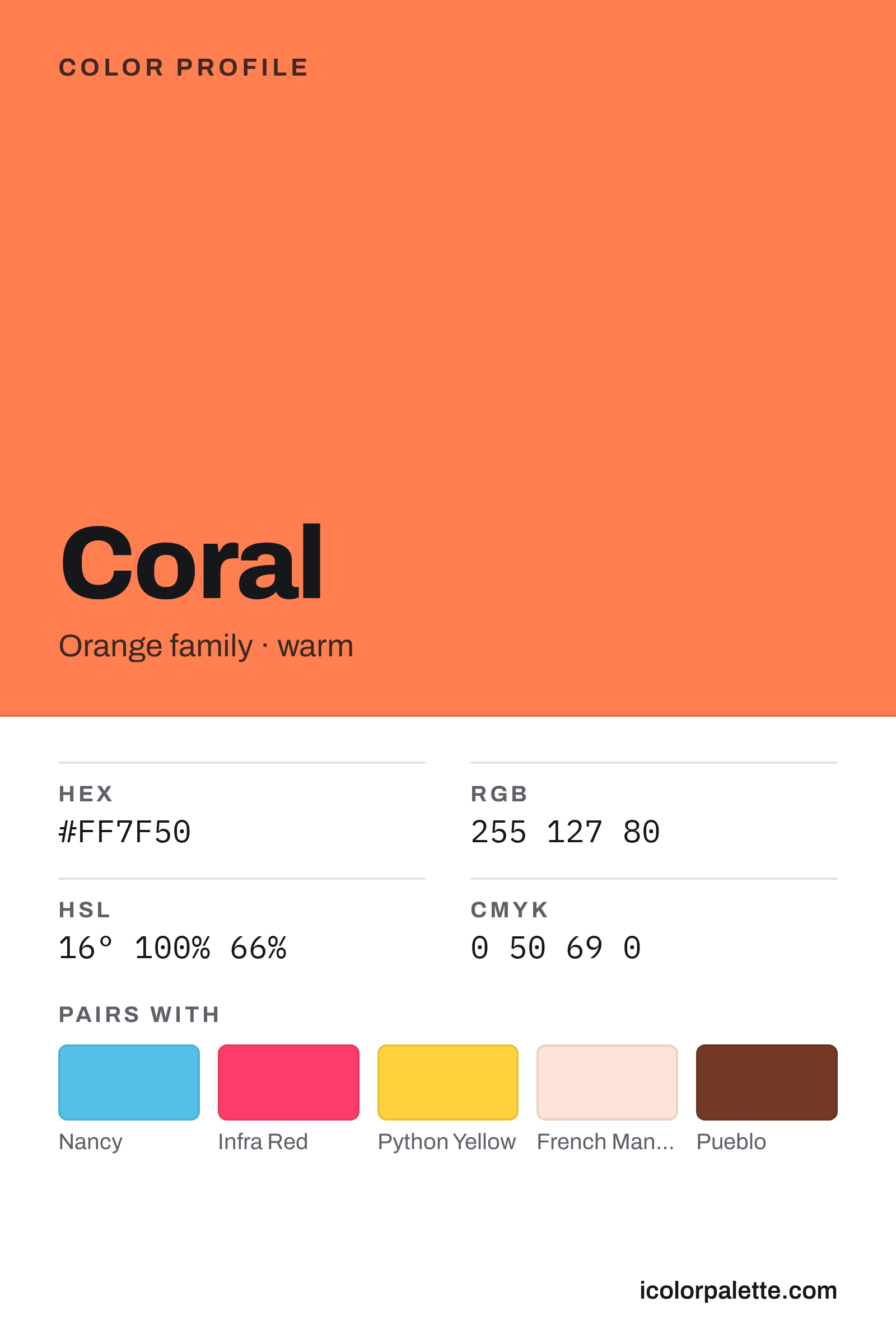 Coral Color (#FF7F50) — Hex, RGB & Palettes | iColorPalette