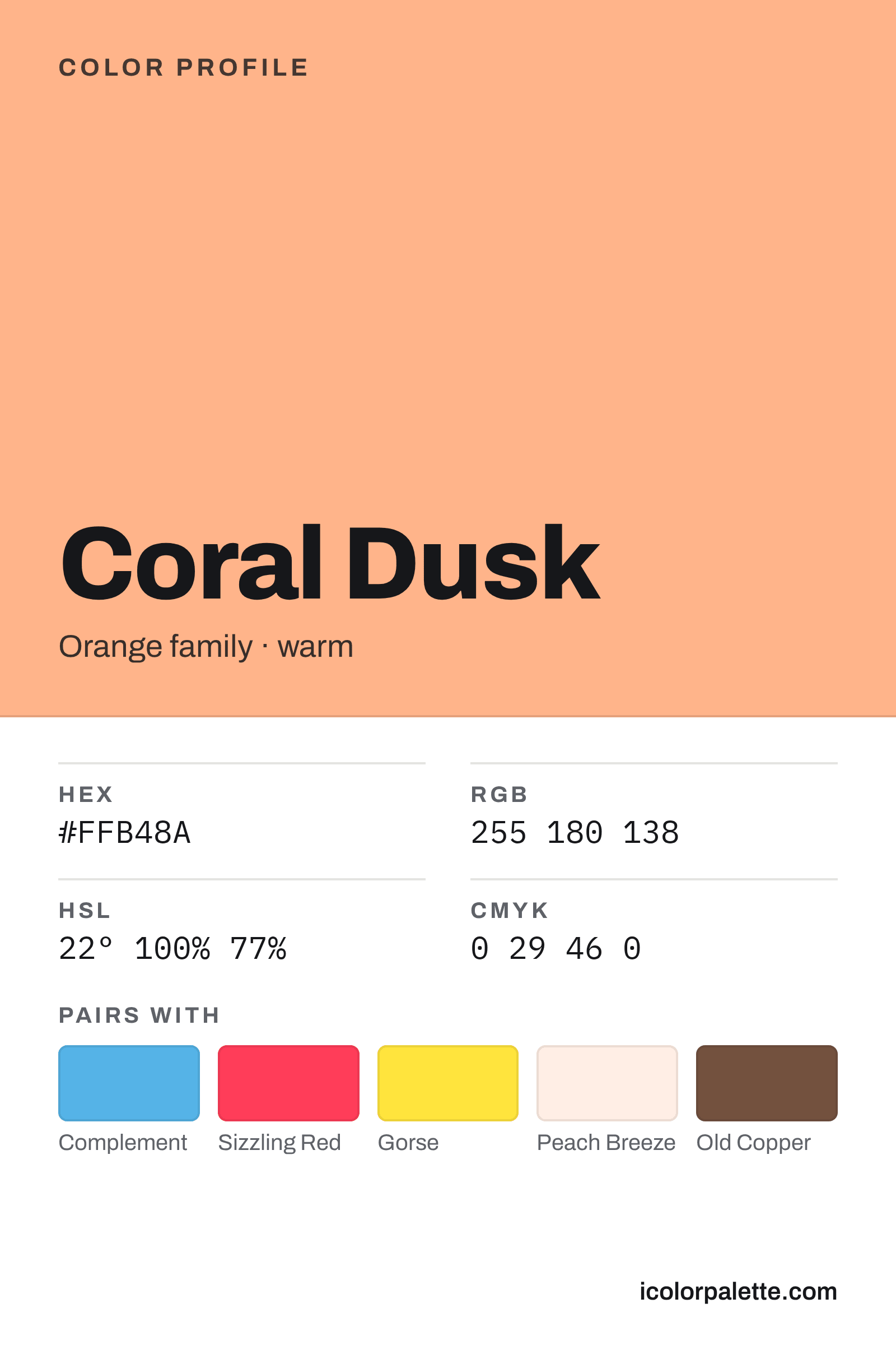 Coral Dusk Color (#FFB48A) — Hex, RGB & Palettes | iColorPalette