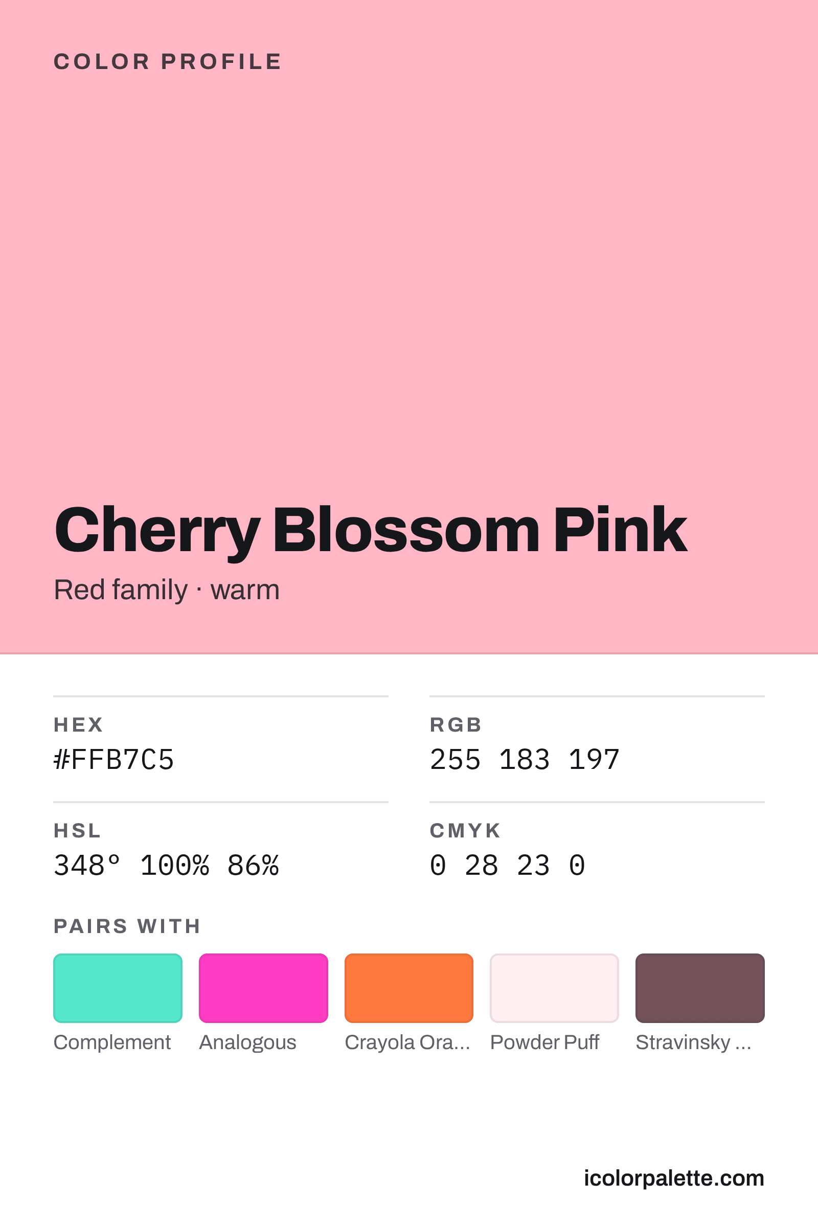 Cherry Blossom Pink Color (#FFB7C5) — Hex, RGB & Palettes