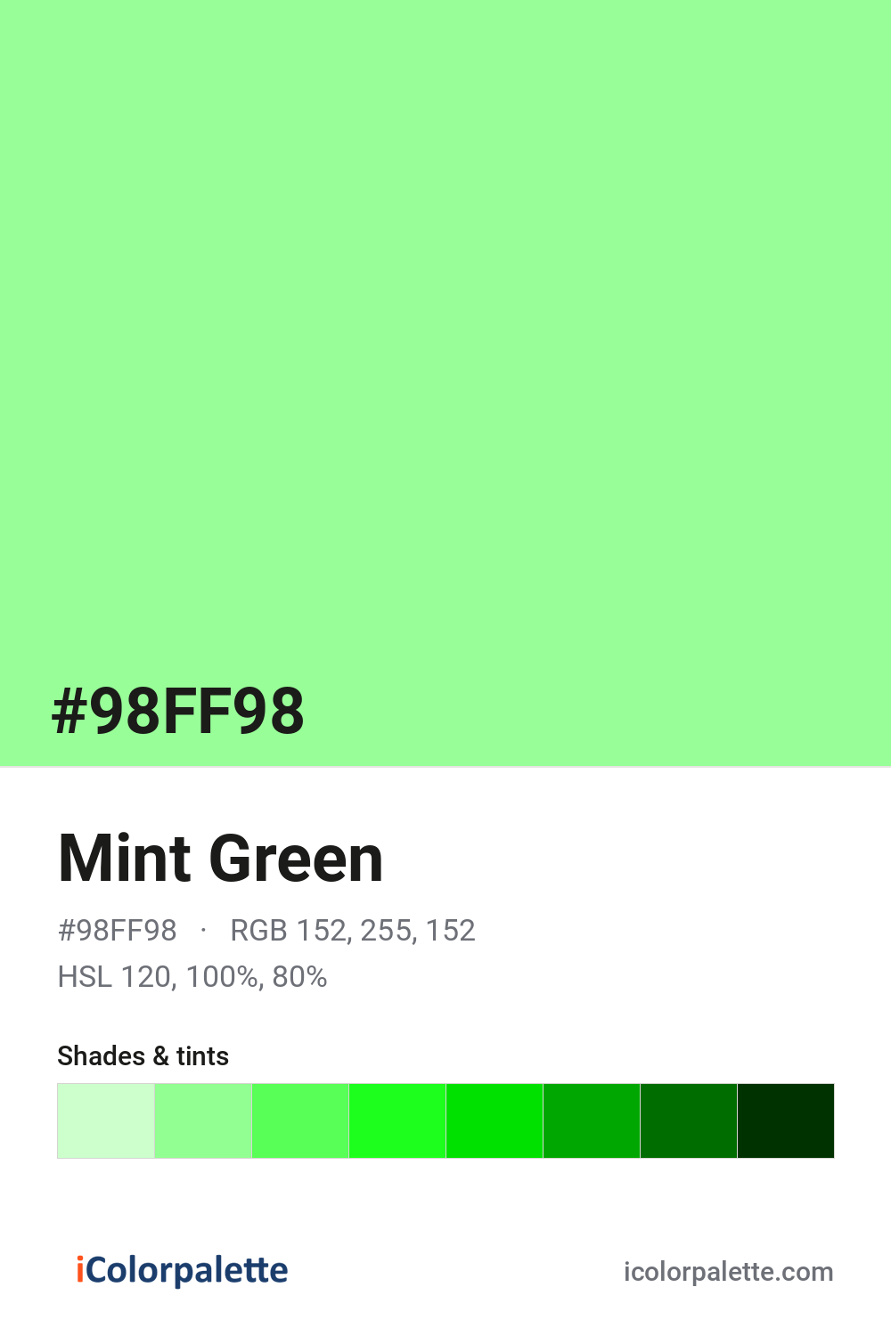 PANTONE 色見本 Mint Green Color (#98FF98) — Hex, RGB & Palettes | iColorPalette