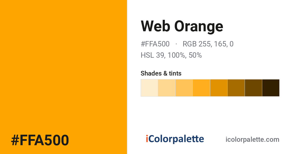Orange Hex Code #FFA500 — RGB, CMYK & HSL Color Values | iColorPalette