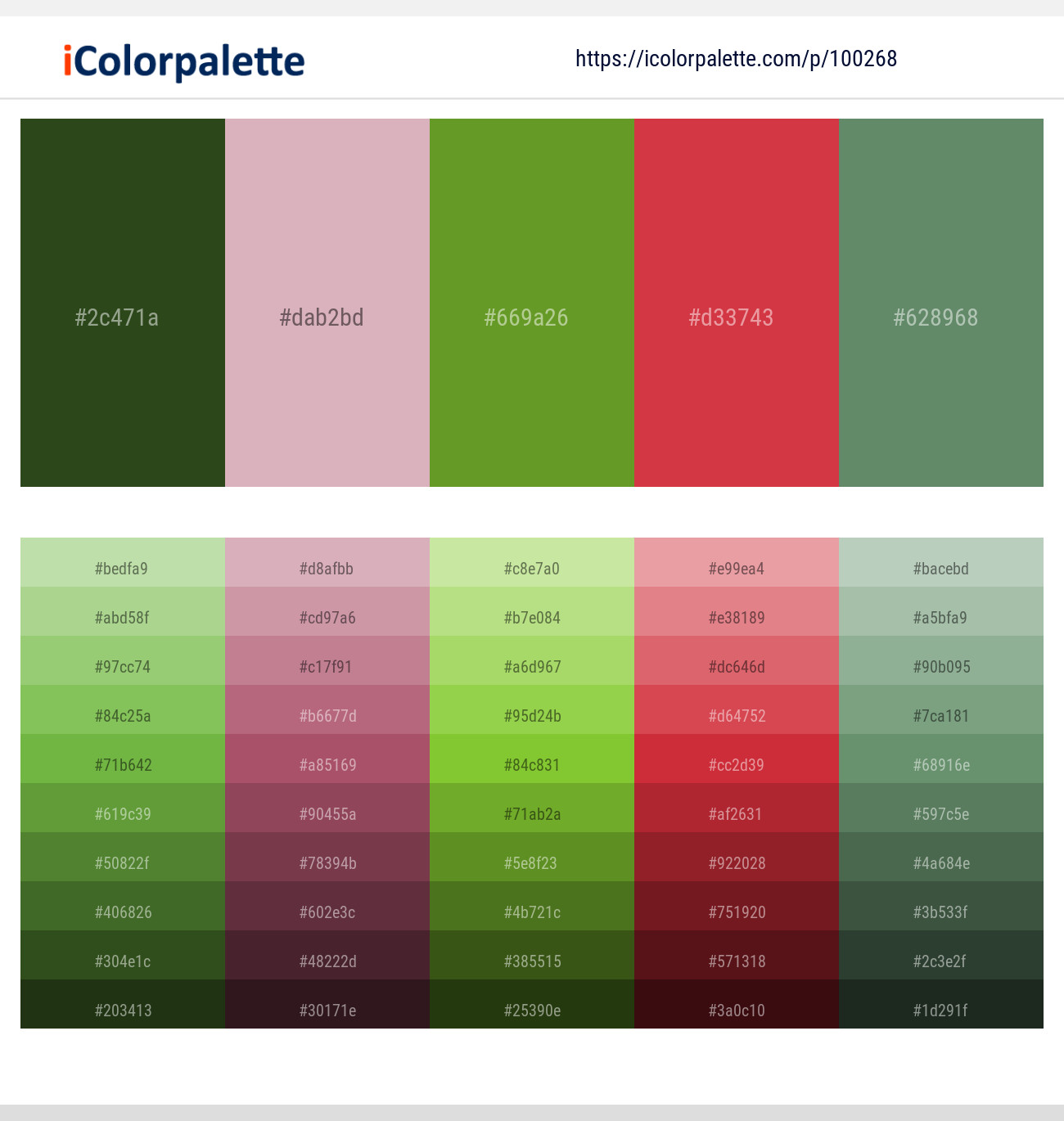 Seaweed – Blossom – Olive Drab – Brick Red – Glade Green Color scheme