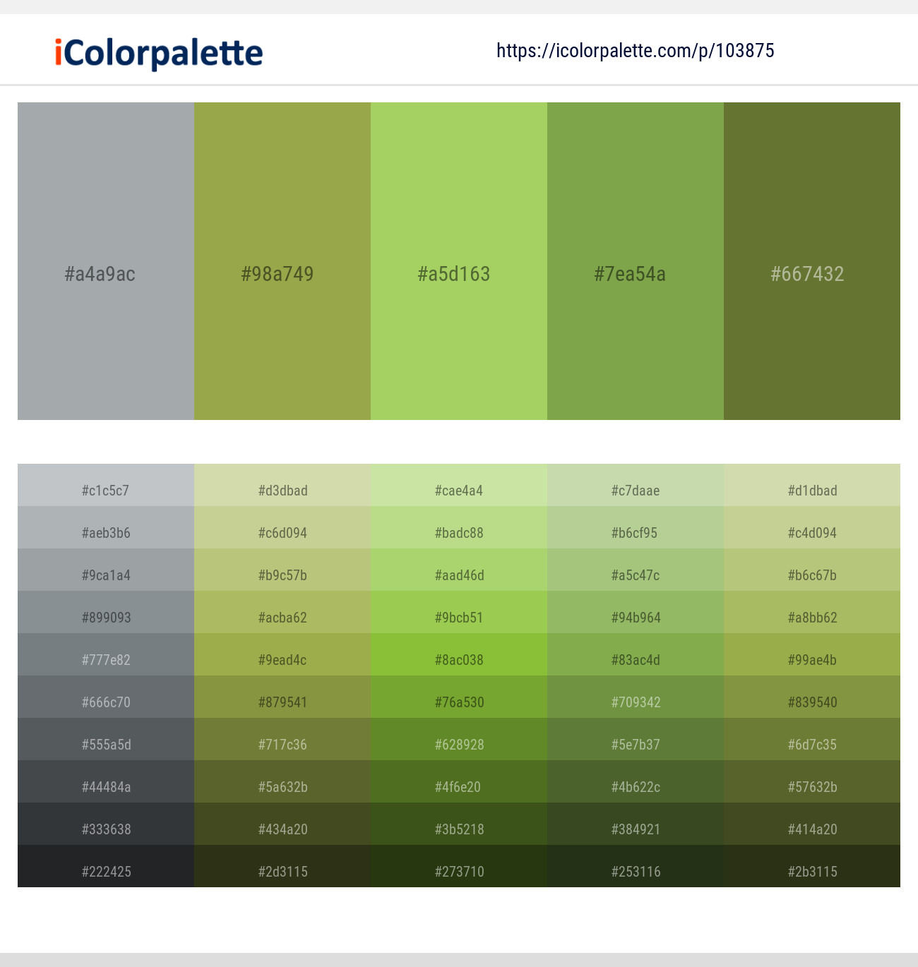 Gray Chateau – Olive Green – Celery – Chelsea Cucumber – Pesto Color scheme