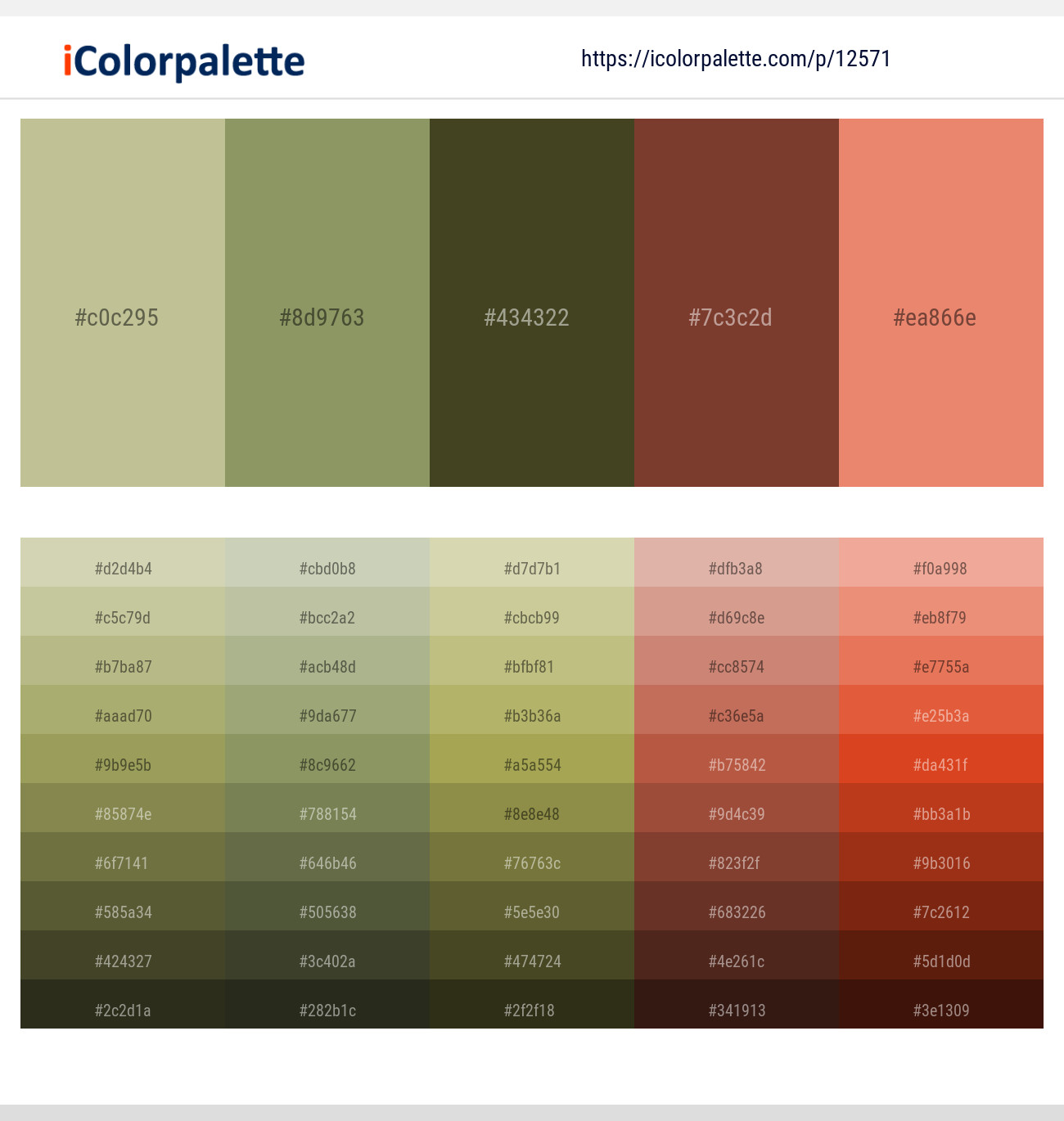 Coral Reef – Avocado – Lisbon Brown – Nutmeg – Apricot Color scheme