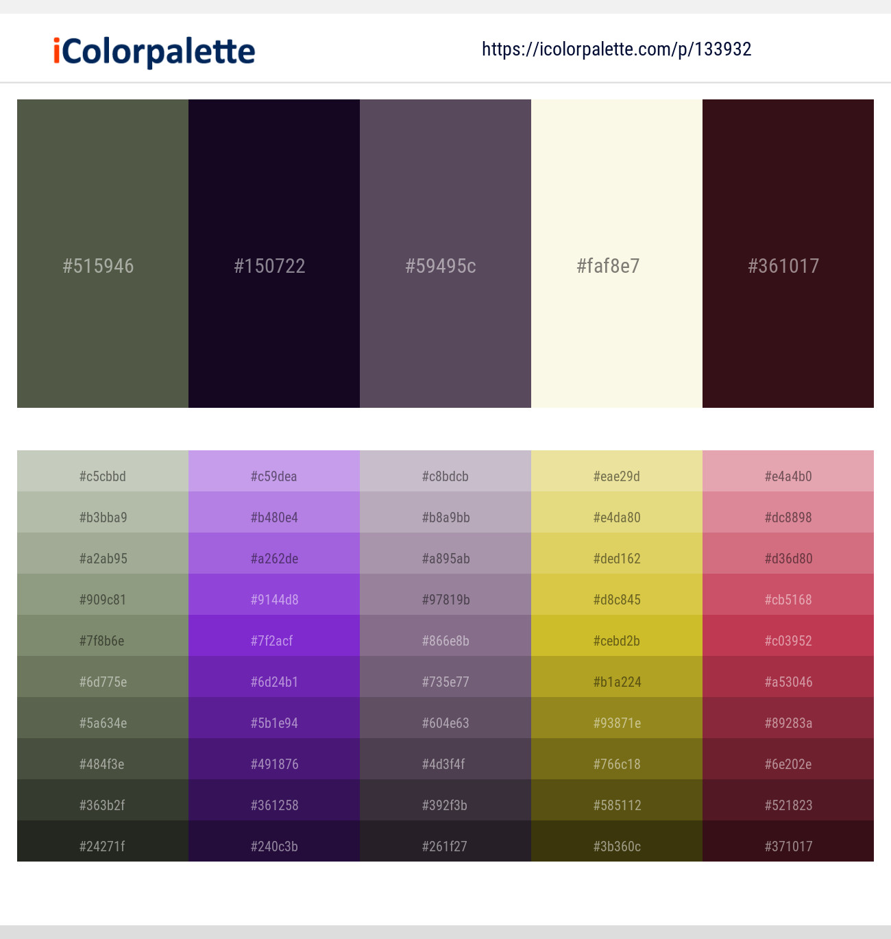 Gray Asparagus – Violet – Mortar – Rum Swizzle – Cedar Color scheme