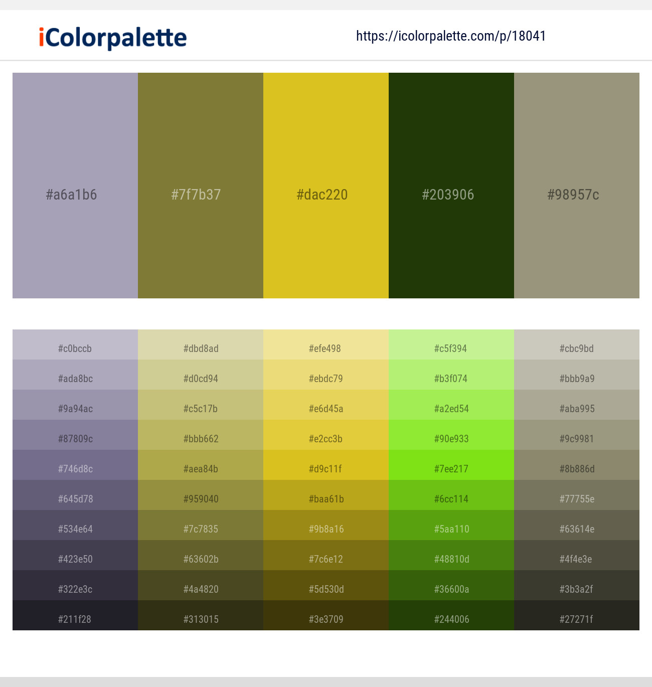 Amethyst Smoke – Pesto – Sunflower – Pine Tree – Gurkha Color scheme