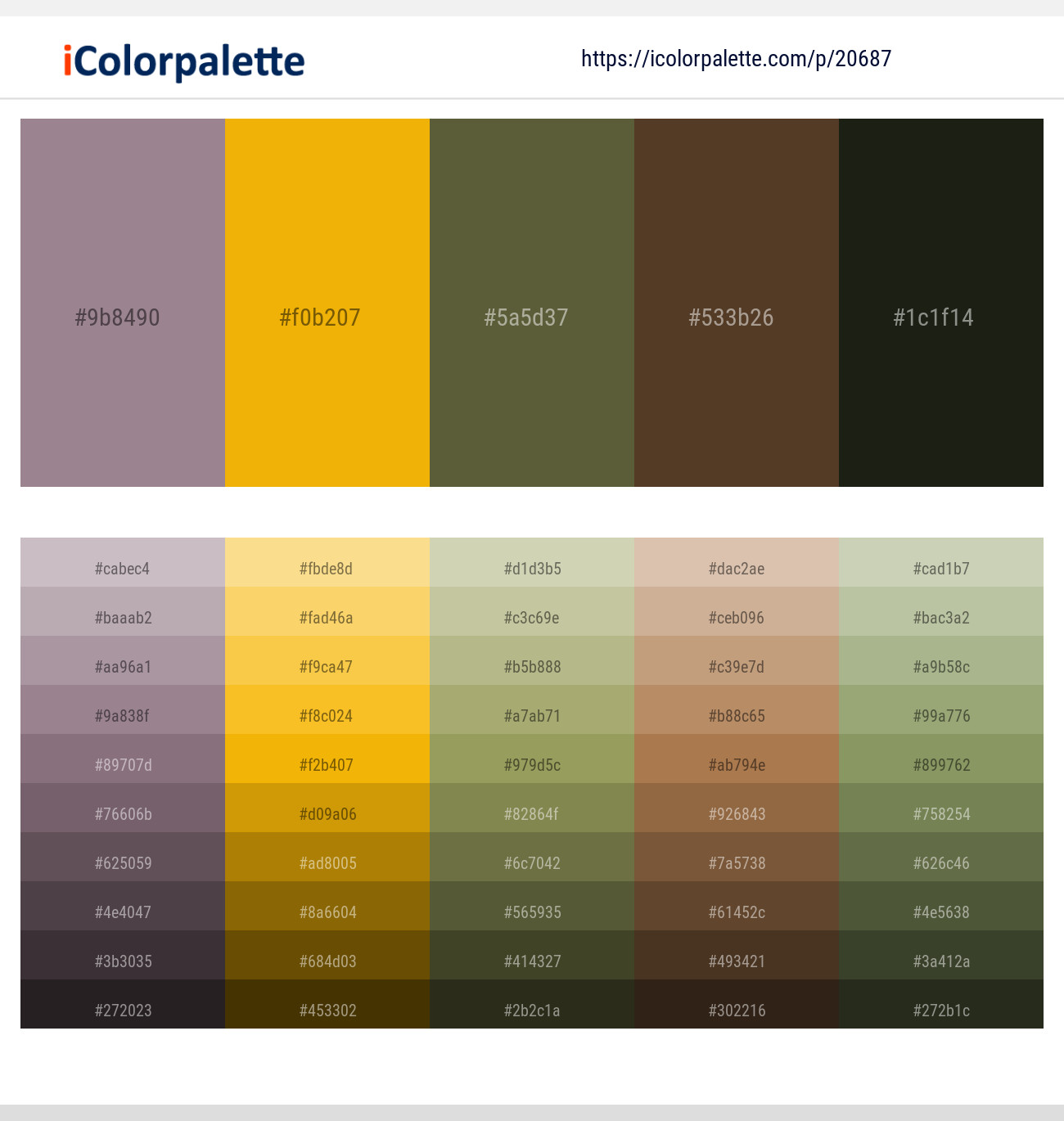 Mountbatten Pink – Corn – Verdigris – Saddle – Rangoon Green Color scheme