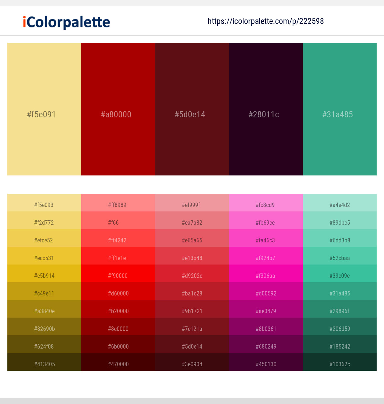 Marzipan – Bright Red – Dark Tan – Toledo – Jungle Green Color scheme