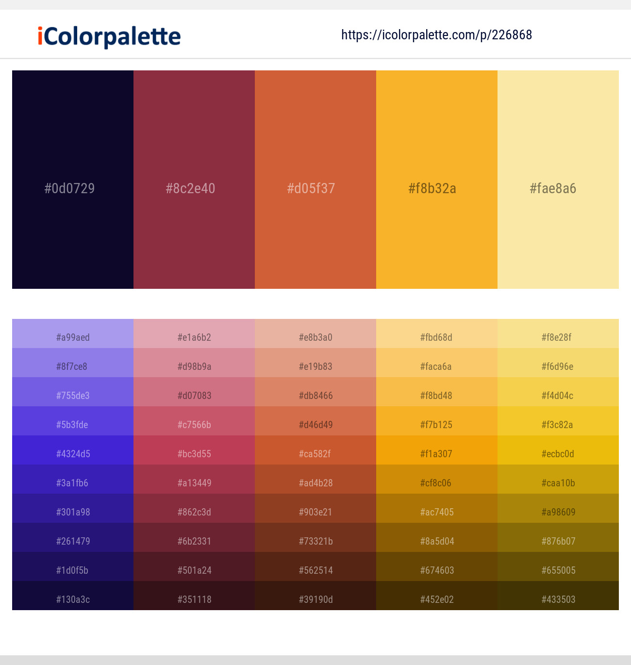 Violet – Stiletto – Flame Pea – Sea Buckthorn – Peach Yellow Color scheme