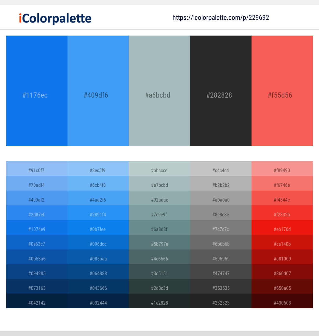 Azure Radiance – Dodger Blue – Tower Gray – Mine Shaft – Carnation Color scheme