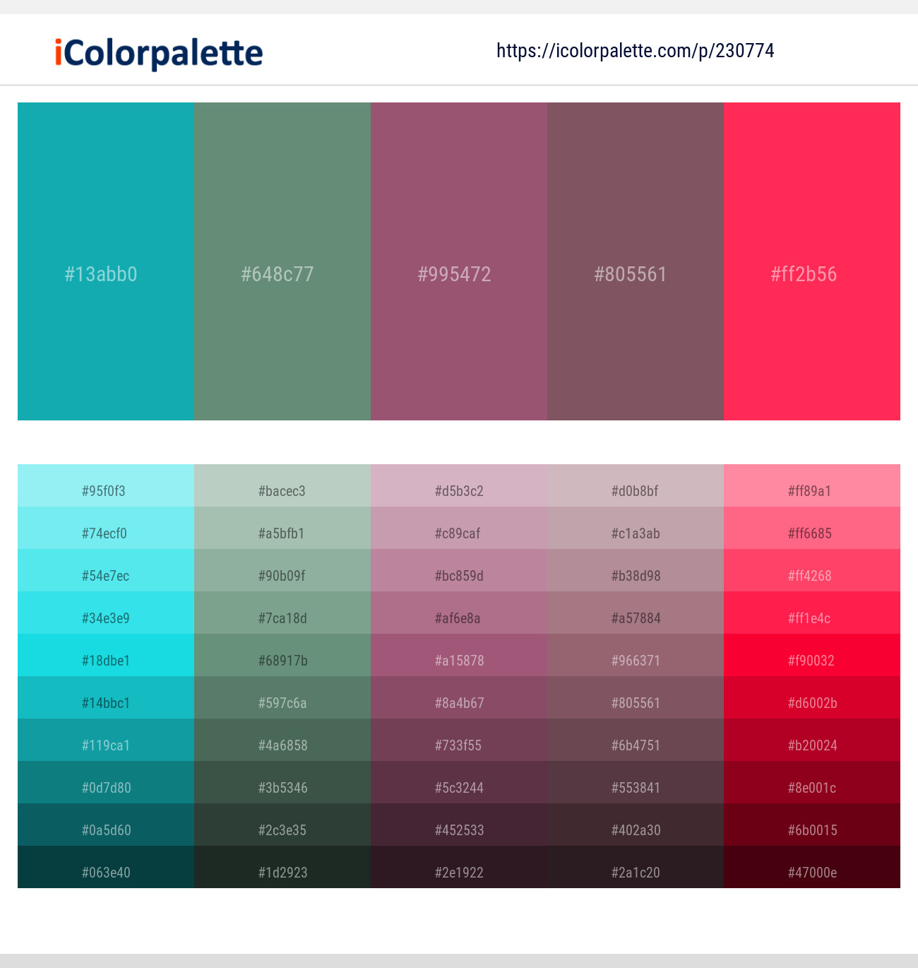Eastern Blue – Viridian Green – Cannon Pink – Falcon – Radical Red Color scheme
