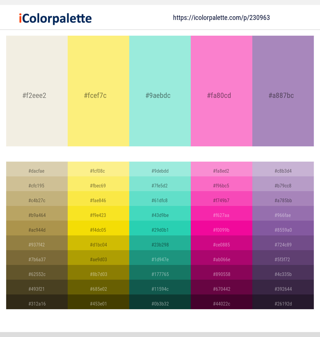 Ecru White – Marigold Yellow – Water Leaf – Persian Pink – Lavender Purple Color scheme