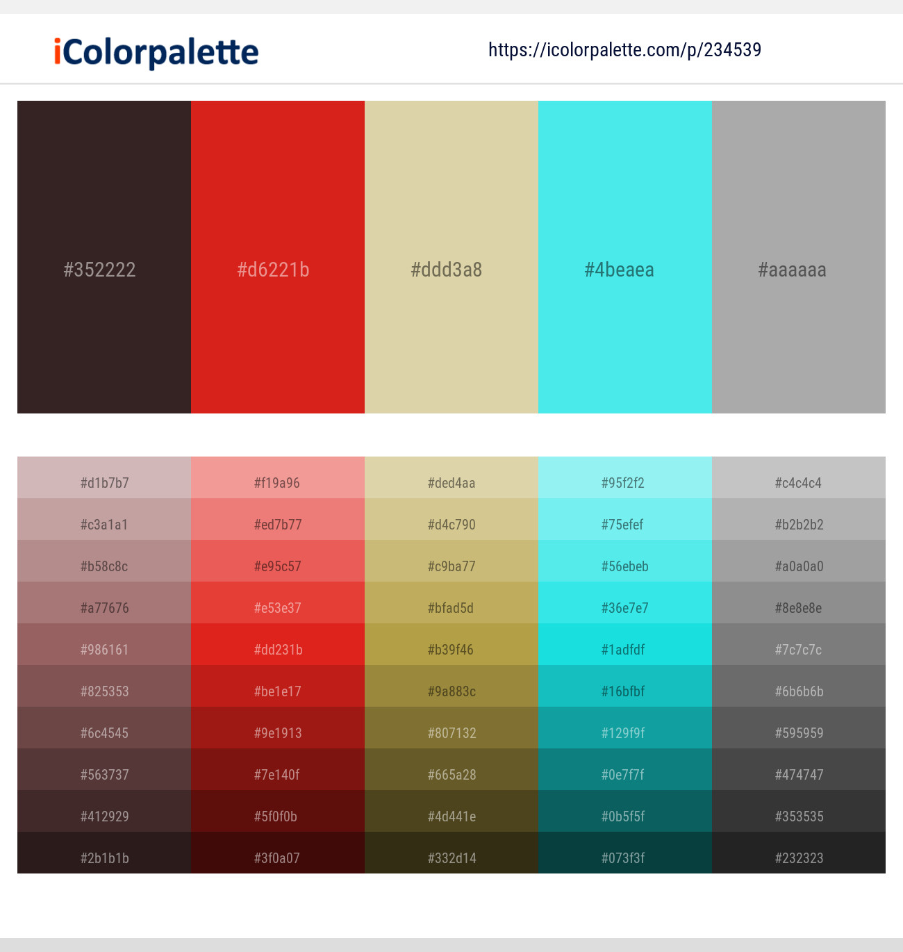 Cocoa Brown – Thunderbird – Sapling – Turquoise Blue – Silver Chalice Color scheme