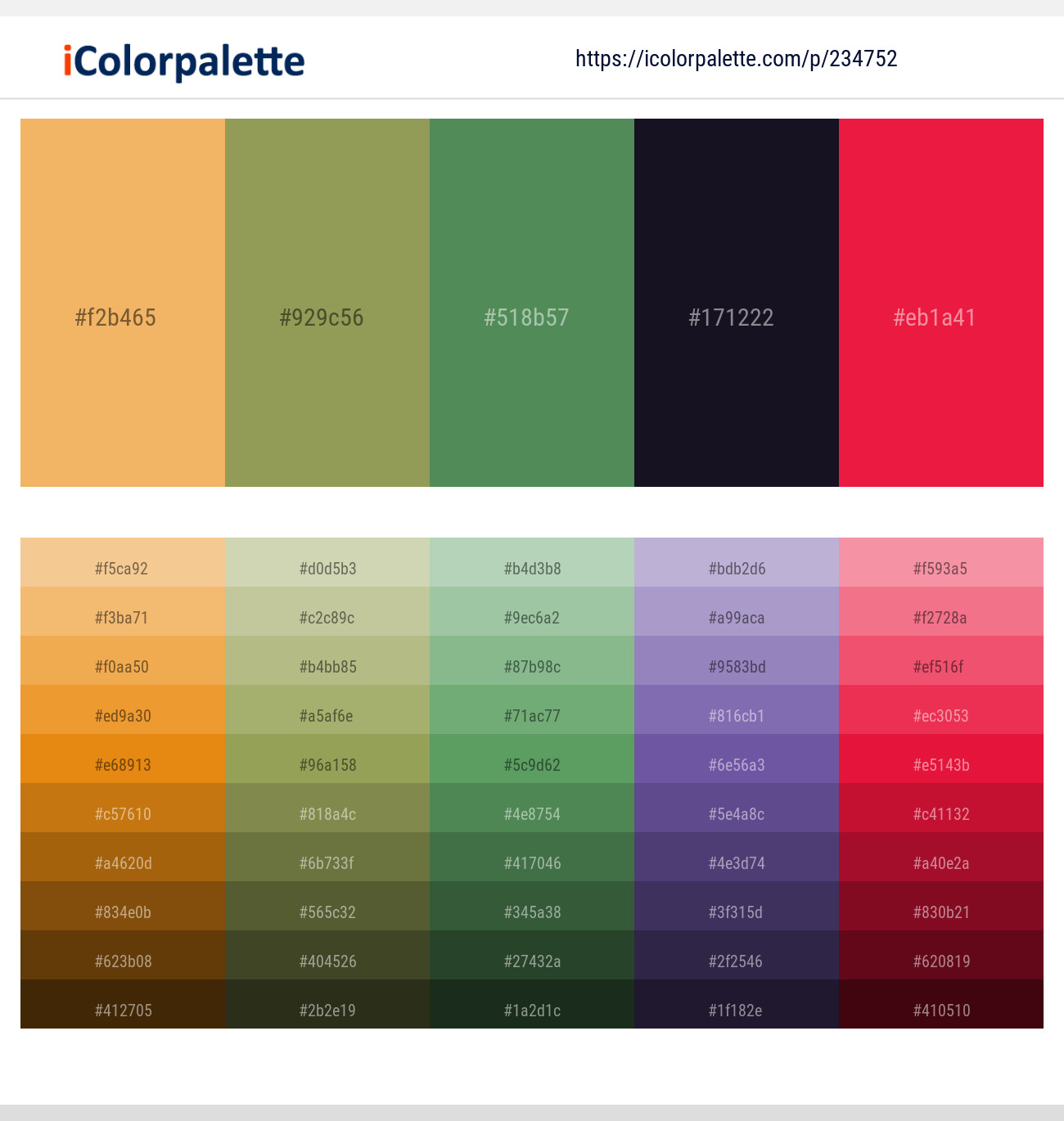 Sandy brown – Asparagus – Hippie Green – Cinder – Crimson Color scheme