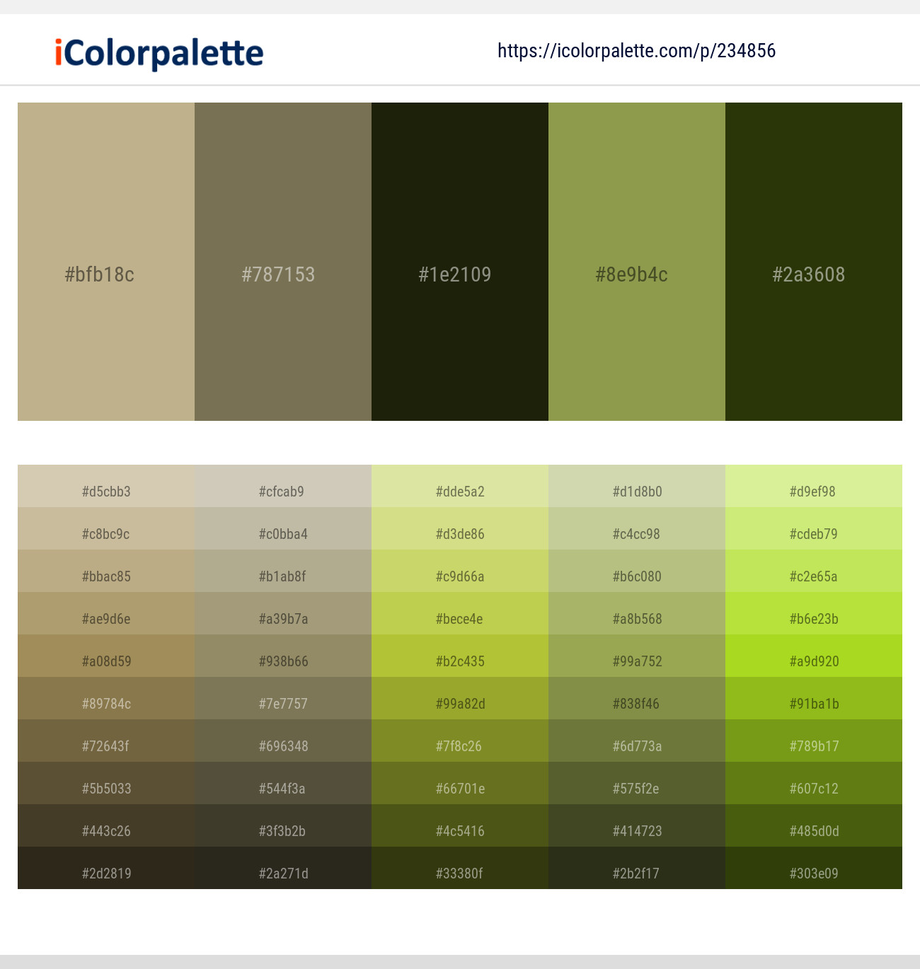 Indian Khaki – Go Ben – Green Waterloo – Chelsea Cucumber – Turtle Green Color scheme
